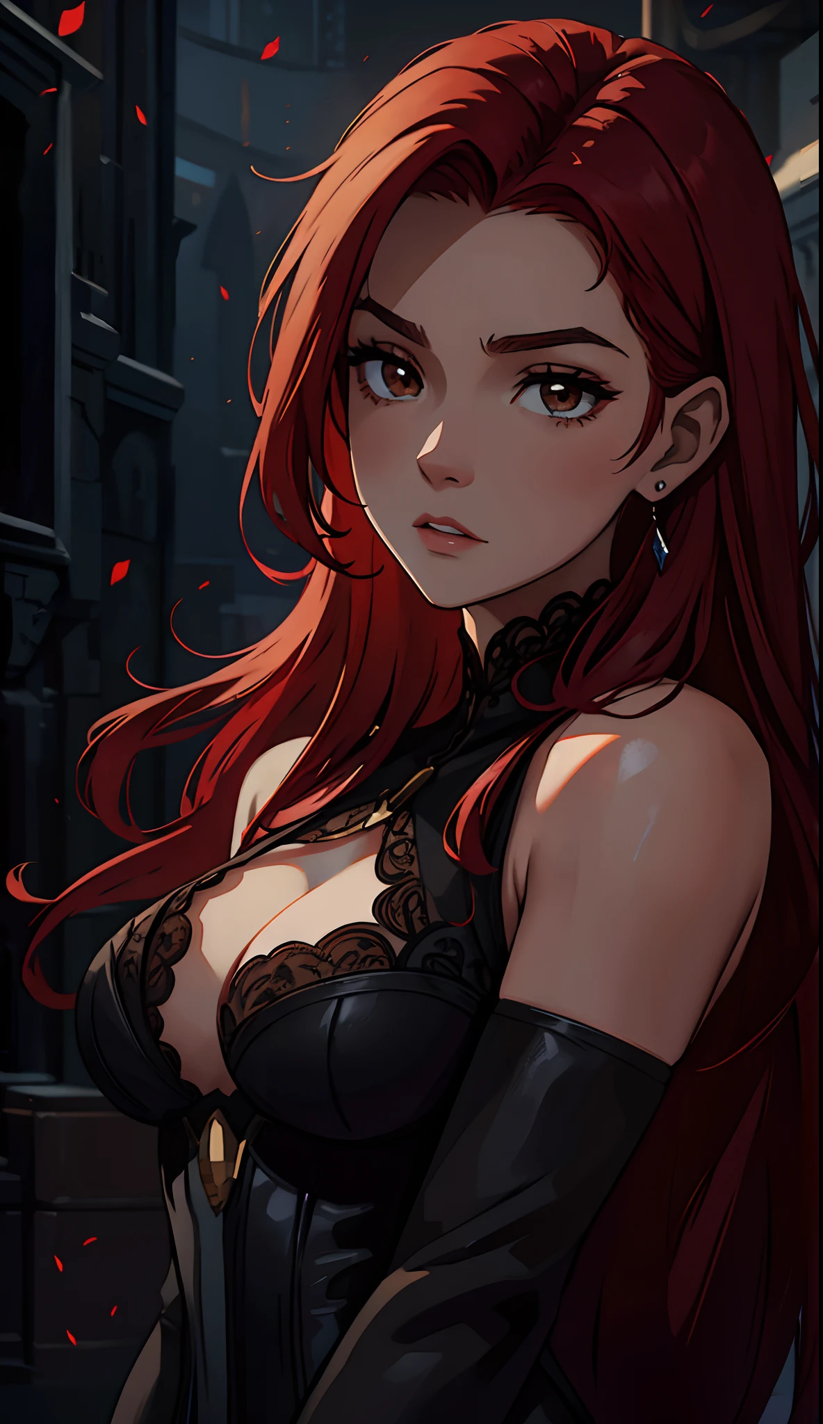 Erza Scarlet is one of the main characters in the series. The young woman with scarlet hair and brown eyes is described as an amazing woman, very strict and who does not admit when others make mistakes. She's a slender, Figura elegante com curvas bem desenhadas. Their most common attire consists of a corset with custom-made laces, A pair of black pants Black boots and diamond-shaped earrings, in high resolution, circunstanciado, Qualidade HD.