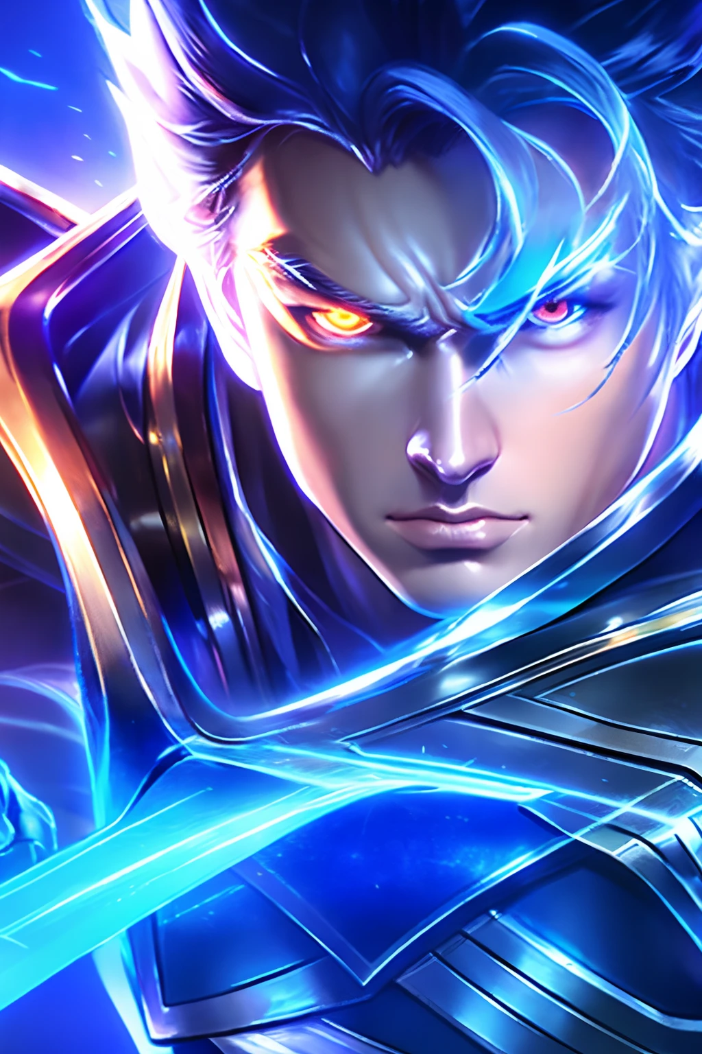 Close-up of a man holding a sword and a blue light, heise jinyao, Official Splash Art, Splash Art, wallpaper splash art promo art, Inspired by Huang Shen, character splash art, zhao yun, iconic character splash art, Extremely detailed Artgerm, by Yang J, mobile legends, G Liulian art style, Ashe