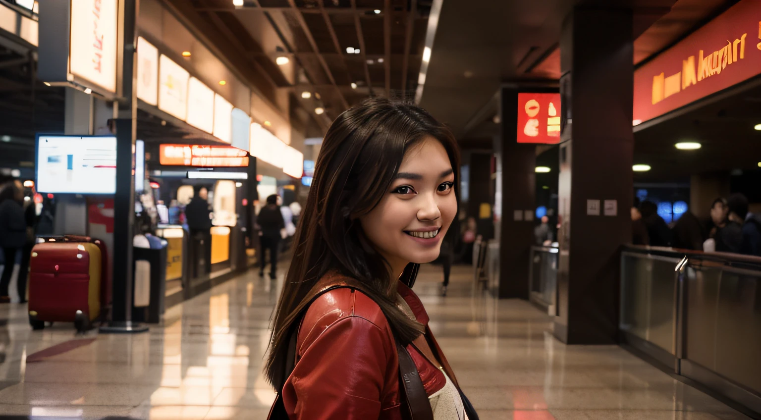 (Best quality, 8k, masterpiece: 1.3), a beautiful Asian woman with dark brown hair, smiling, inside an airport, red luggage beside her, bright nightlights, Nikon D850 DSLR 4k camera, 100mm lens, F 1.2 aperture setting, bright and natural lighting, vibrant, relaxing atmosphere, panoramic view