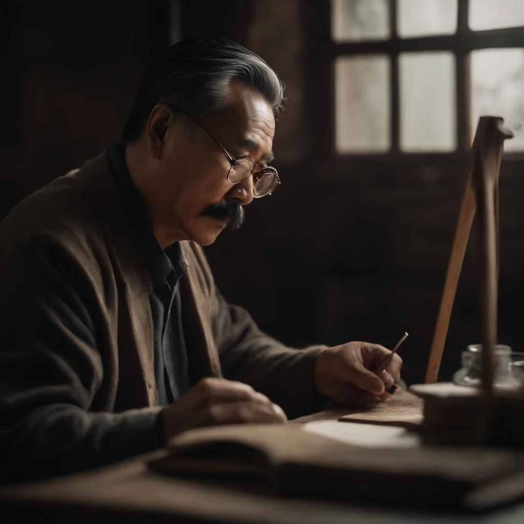 side view, uncle shandong, a chinese man in the age of 50 with eyeglass, with mustache and black hair, painting a picture, super realisti