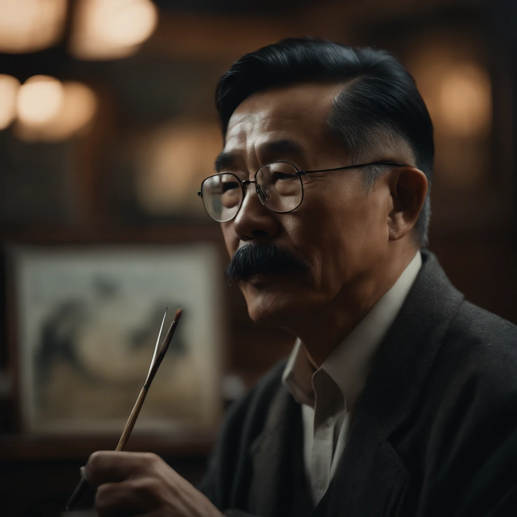 side view, uncle shandong, a chinese man in the age of 50 with eyeglass, with mustache and black hair, painting a picture, super realisti