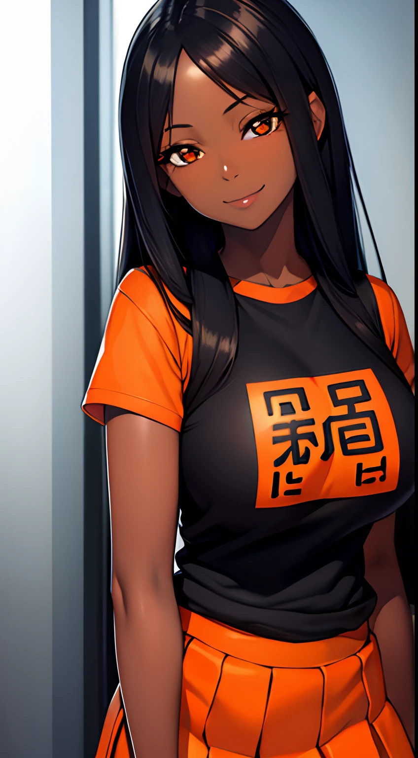 (masterpiece), best quality, expressive eyes, perfect face,black ebony skin, Orange colour tied T shirt, Short skirt, perfect shaped body,long hair, black hair, orange eyes,big sized boobs, black skin, ultra realistic detailed orange eyes, long and open hair,big smile, looking at camera, innocent eyes, innocent face, cute anime girl face, black skin anime girl, bright smile on her face