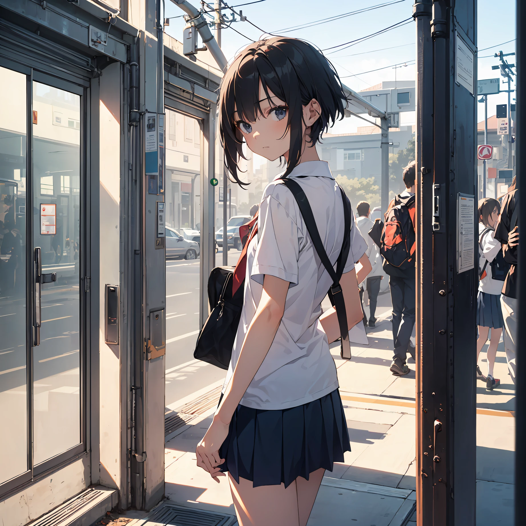 Portrait, Documentary, Photo, A -yeld ger-neutral middle scrt black hair and flat chest, walking on the school commute route with a tired expression, Short hair, School uniform, Skirt, School commute route, High quality, Realistic, Eye-level shot, Medium shot, Front view, Natural lighting, School commute,break, 1girl, (Solo,Loli face,13-year-old:1.5),a junior highchotudenandrogynous flat chest, Small butt, Beautiful detailed black eyes, disgusted eye,
