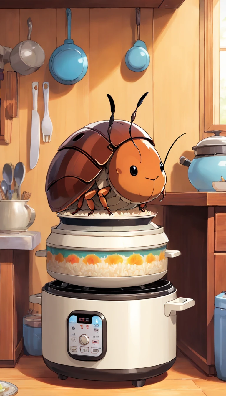 There is a rice cooker on the kitchen cupboard, 1 miniature anthropomorphic cockroach hiding under a rice cooker, No Man,3D, 8K, Highly detailed, digitial painting, , illustration, art, 3D style Pixar animation, Big eyes, friendly,