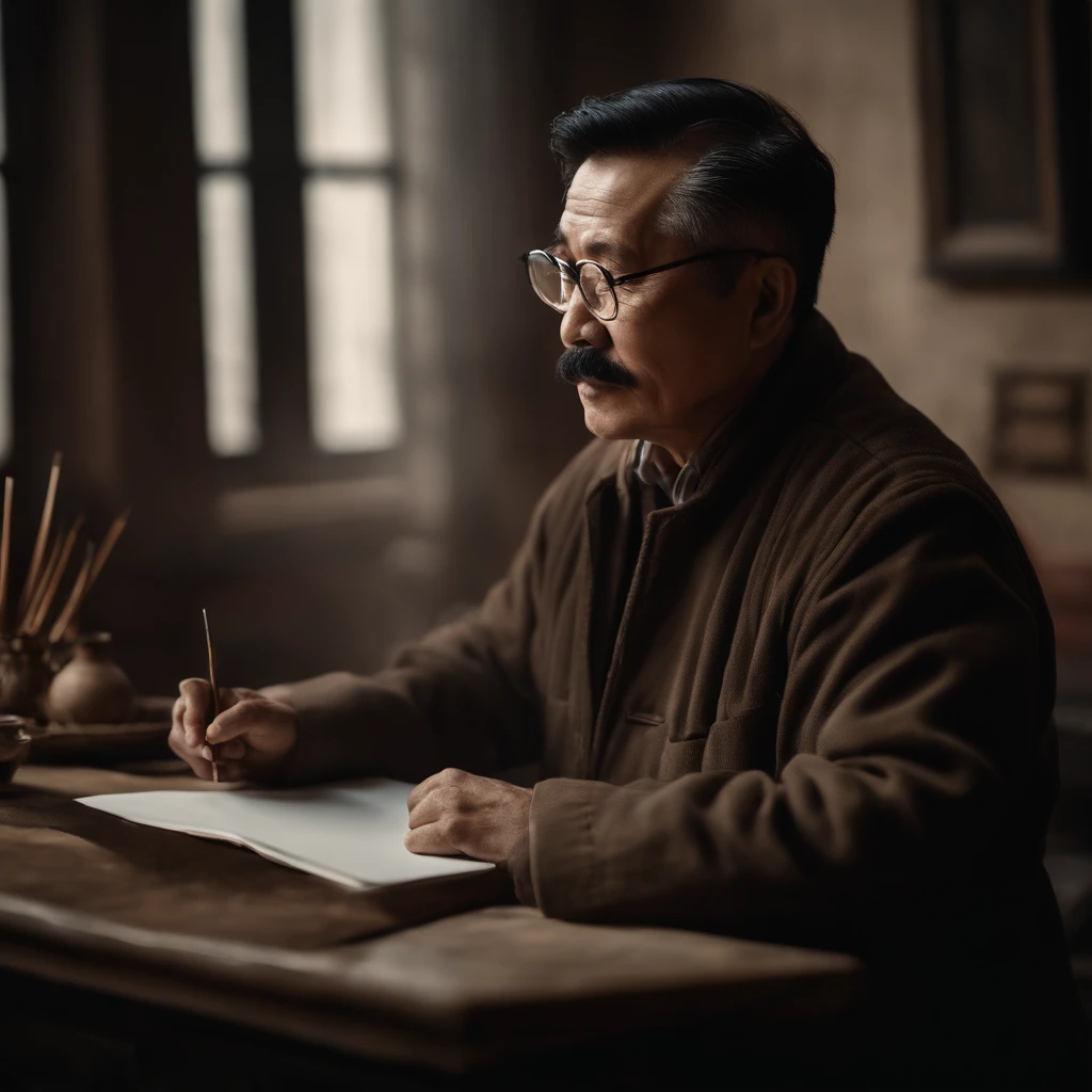 side view, uncle shandong, a chinese man in the age of 50 with eyeglass, with mustache and black hair, painting a picture, super realistic, drawing picture