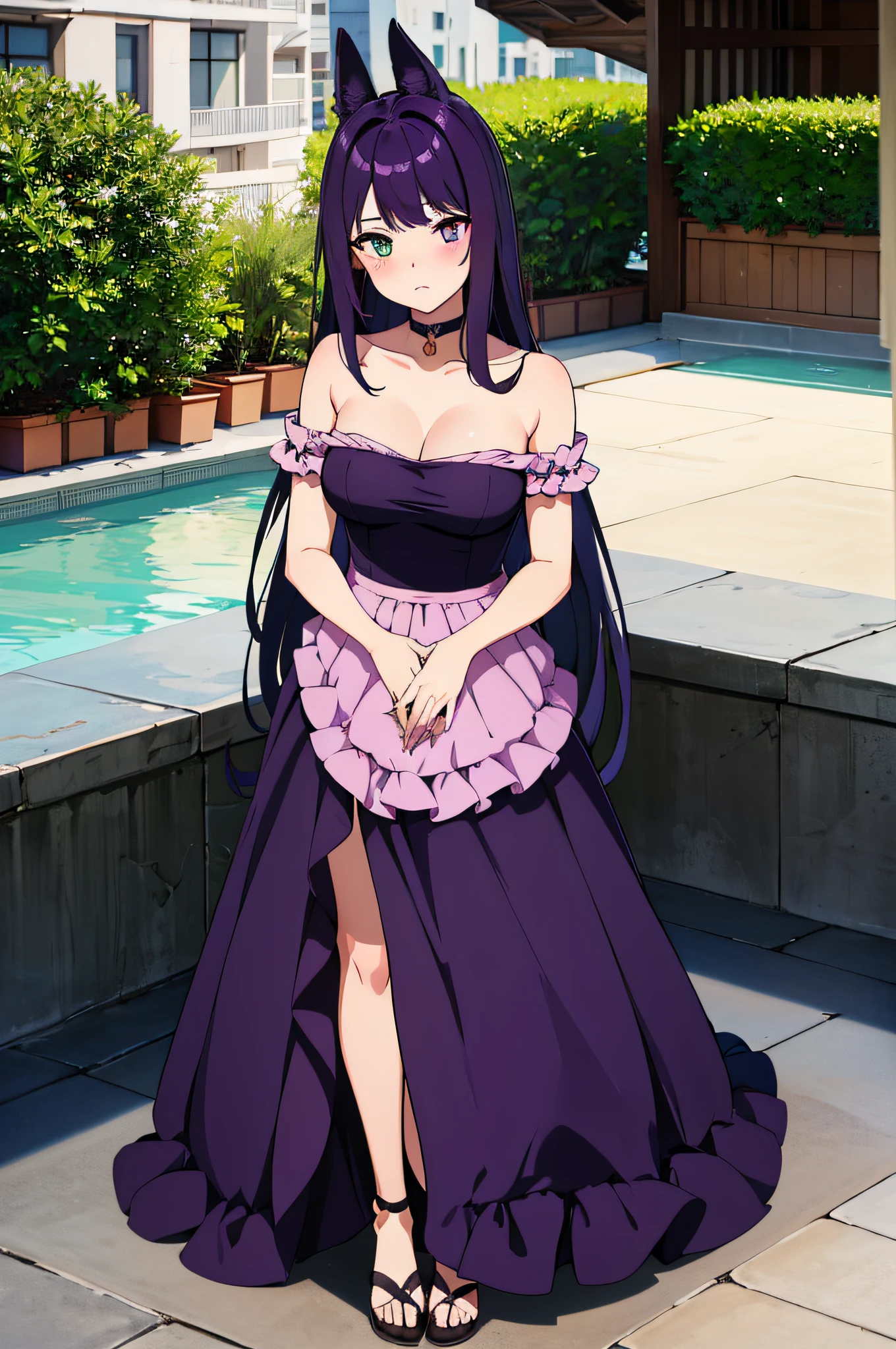 (1 nekomimi girl, without human ears),(beautiful eyes finely detailed, heterochromia, Face to detail, dark purple hair), full body, wearing long dress witch outfit, blush on her face, standing near the pool, looking at you, ​masterpiece, top-quality, detailed, High resolution illustration