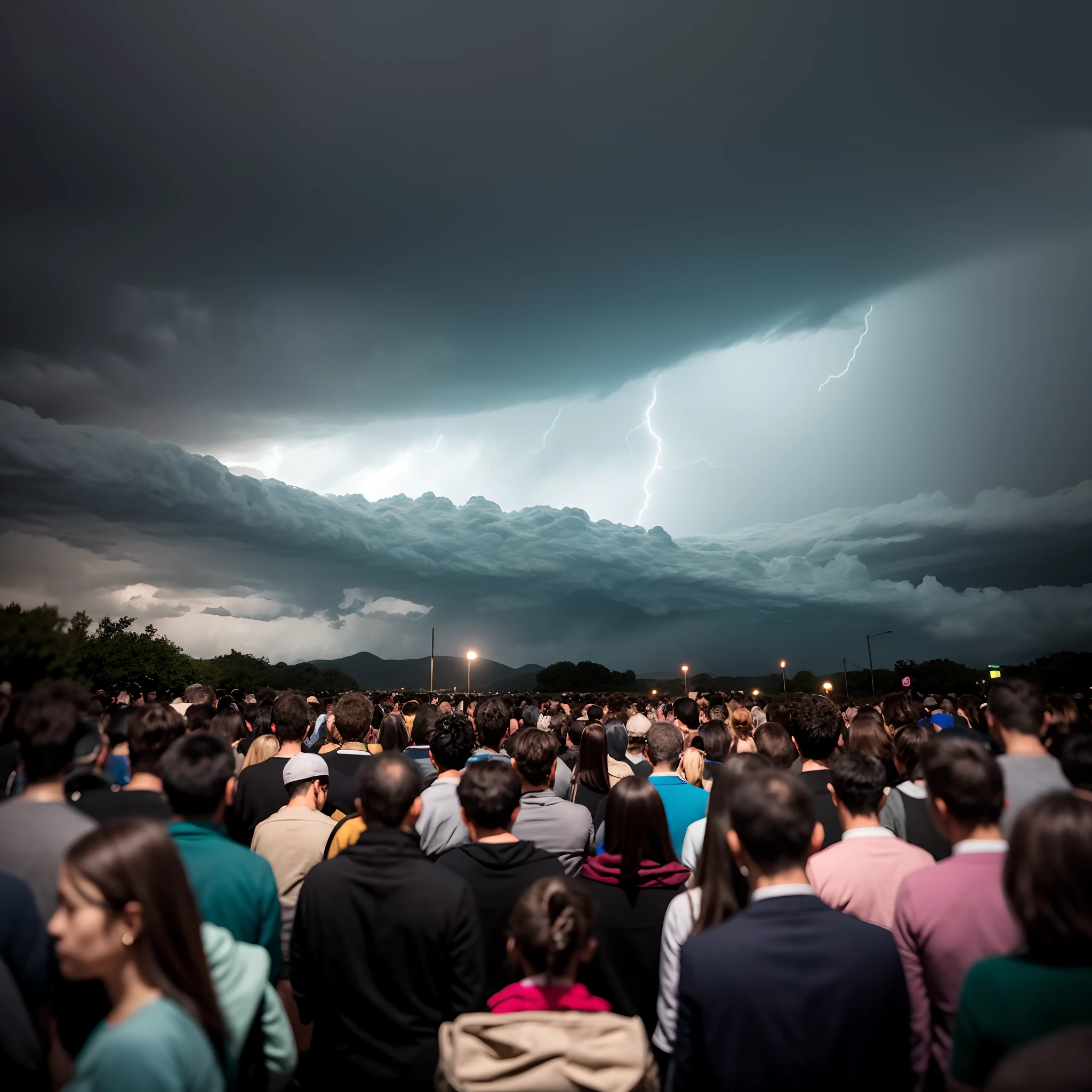 a crowd of people on a dark day standing in a storm