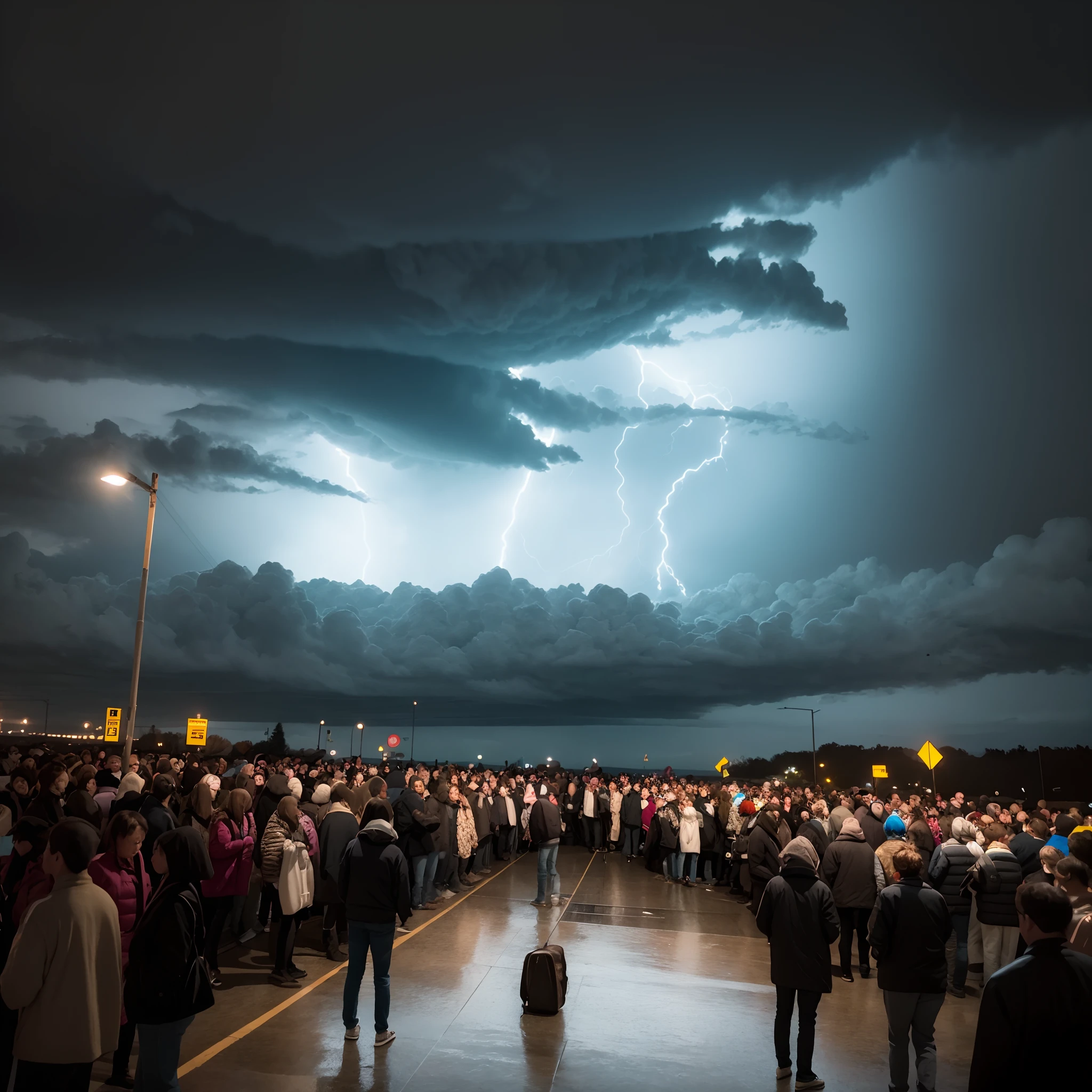 a crowd of people on a dark day standing in a storm