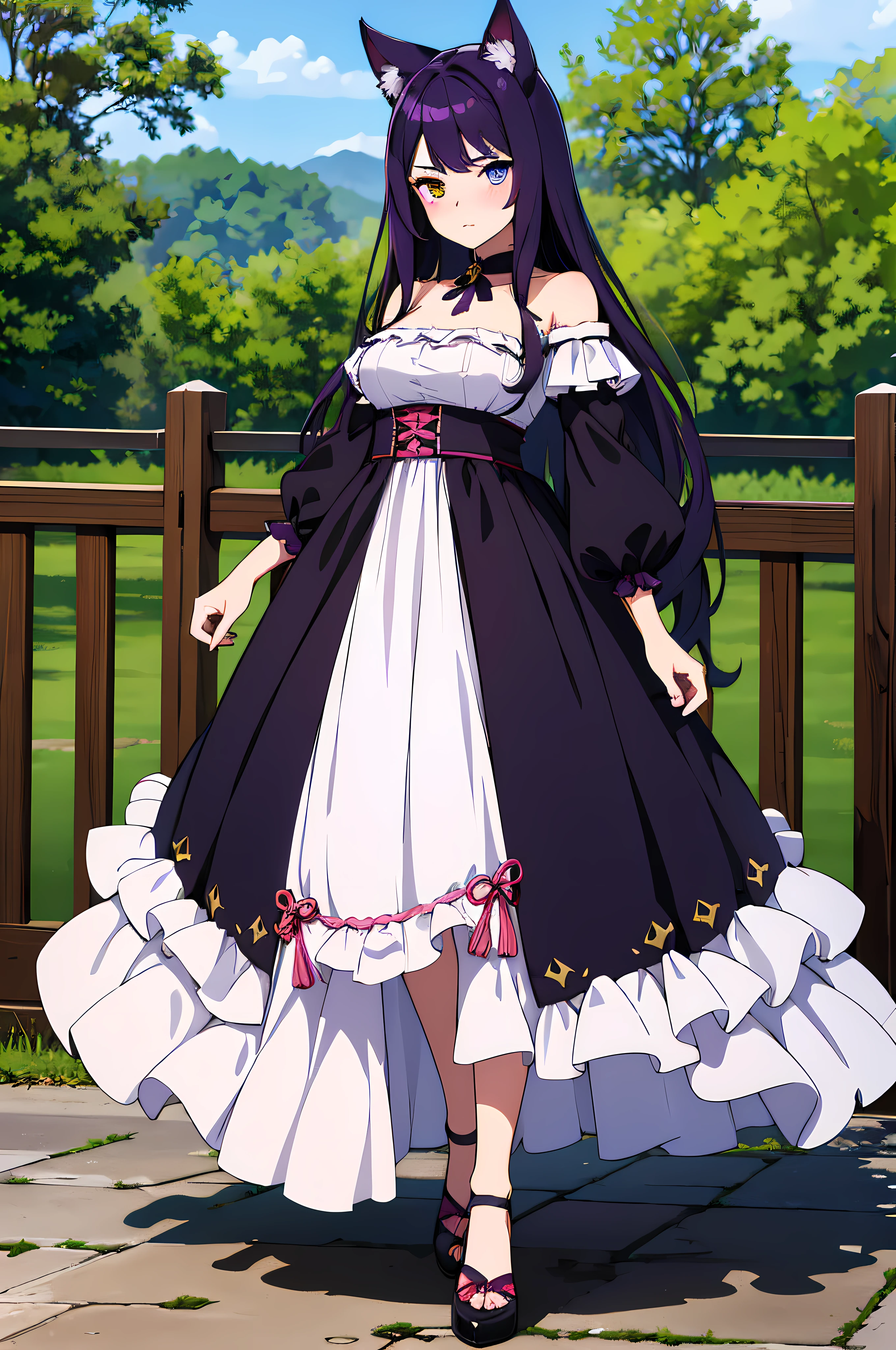 (1 nekomimi girl, without human ears),(beautiful eyes finely detailed, heterochromia, Face to detail, dark purple hair), full body, wearing long dress witch outfit, blush on her face, standing near the pool, looking at you, masterpiece, top-quality, detailed, High resolution illustration