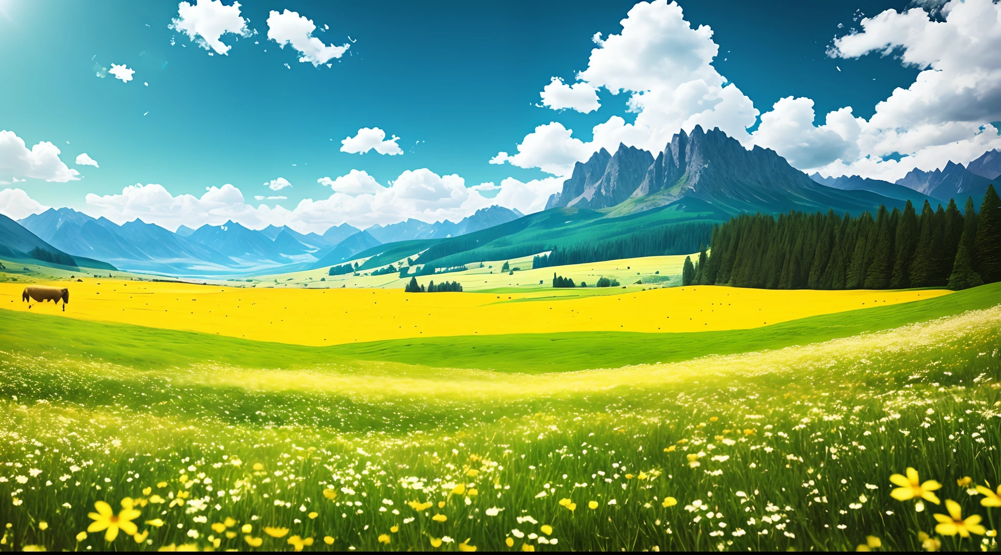 summer, meadow, some small flowers, clear lake, sheep, heaven, big clouds, blue sky, hot weather, HD detail, hyper detail, film, surrealism, soft light, deep field focus bokeh, distant scenery is gentle mountain range, ray tracing, surrealism. --v6