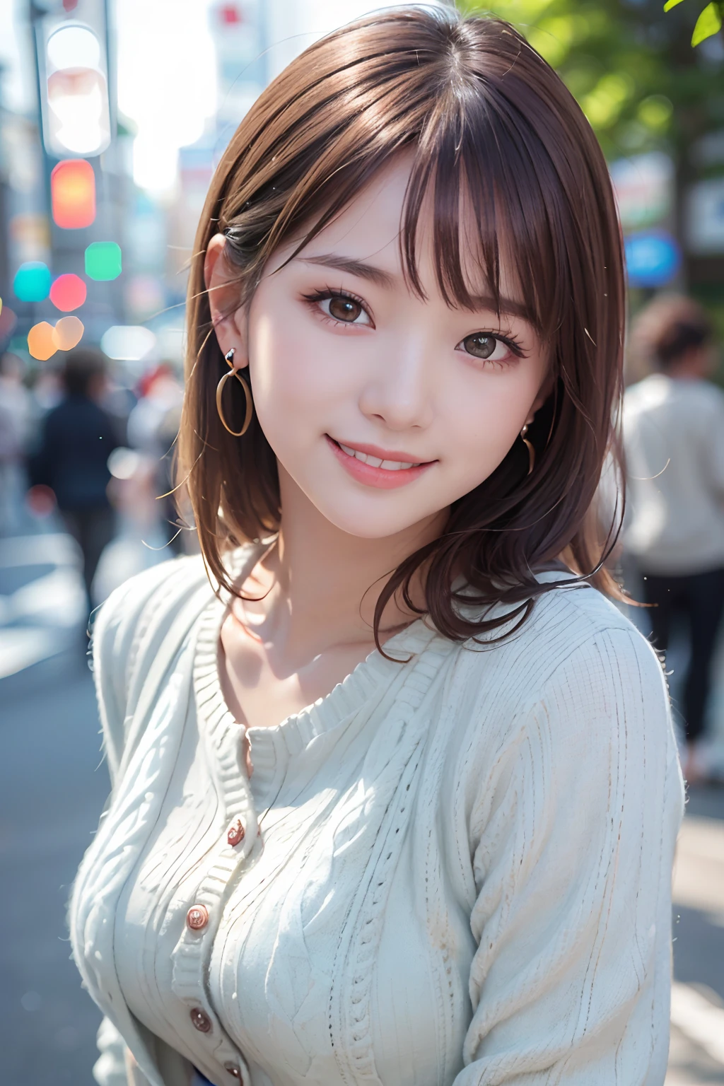 (8K, Raw photo, Best Quality, masutepiece:1.2), (Realistic, Photorealsitic:1.4), Very detailed 8k wallpaper,(very detailed face and eyes),Shiny skin ,(Upper body :1.5),Sharp Focus, depth of fields, blur backgroun, Bokeh,  Professional Lighting,Young Girl ,Cute Girl ,famous Japan idol,(:1.3), ,(Medium Hair), (Cardigan:1.3), (Smile:1.3),Earring,(model poses:1.3), Shibuya at night