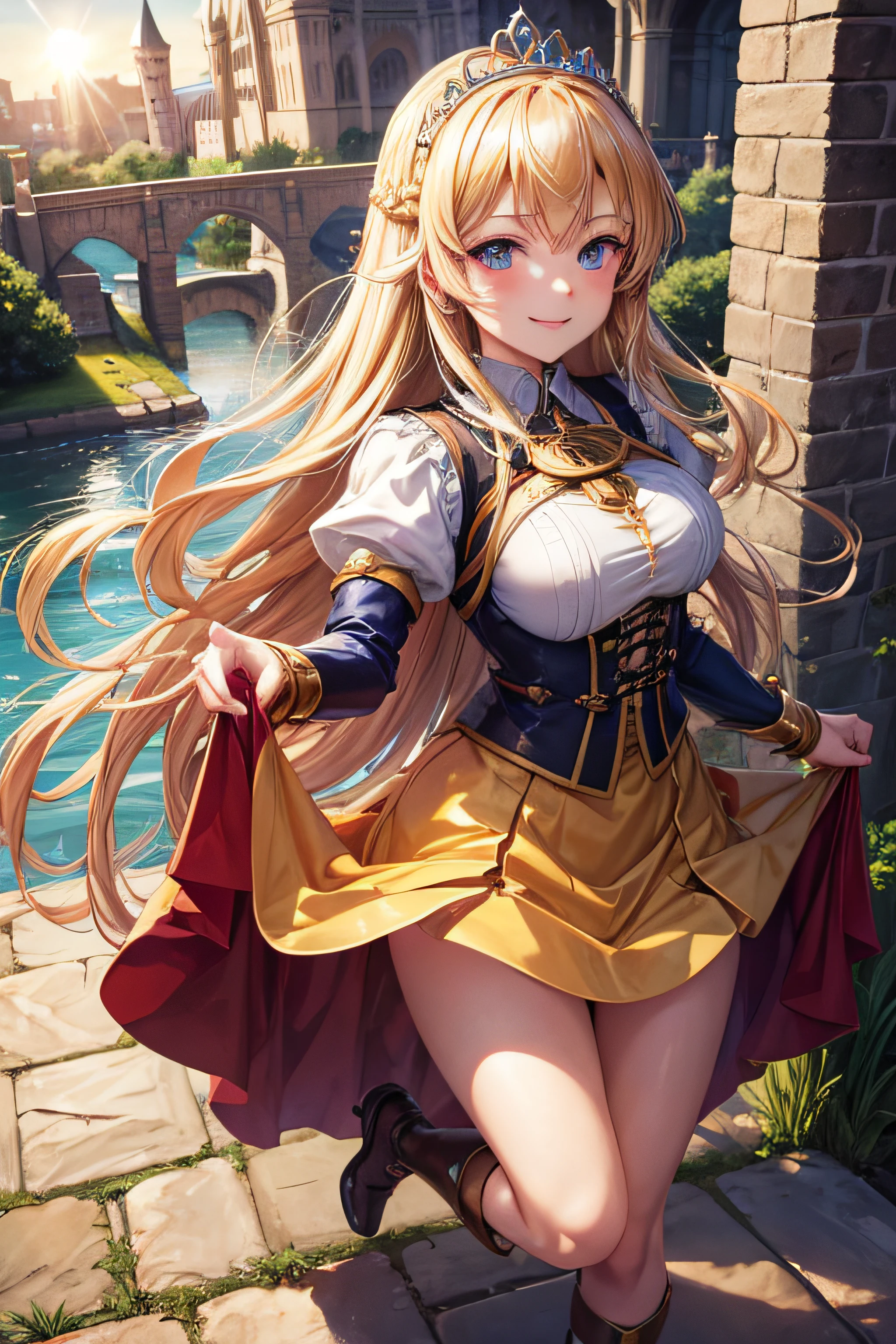 masterpiece, extreme closeup, high resolution, upper portrait, anime girl lifting her skirt, medieval setting, laced footwear, long blond hair, wearing a tiara, on a castle moat gate, coming in for a hug, smiling elegantly, sun in her eyes