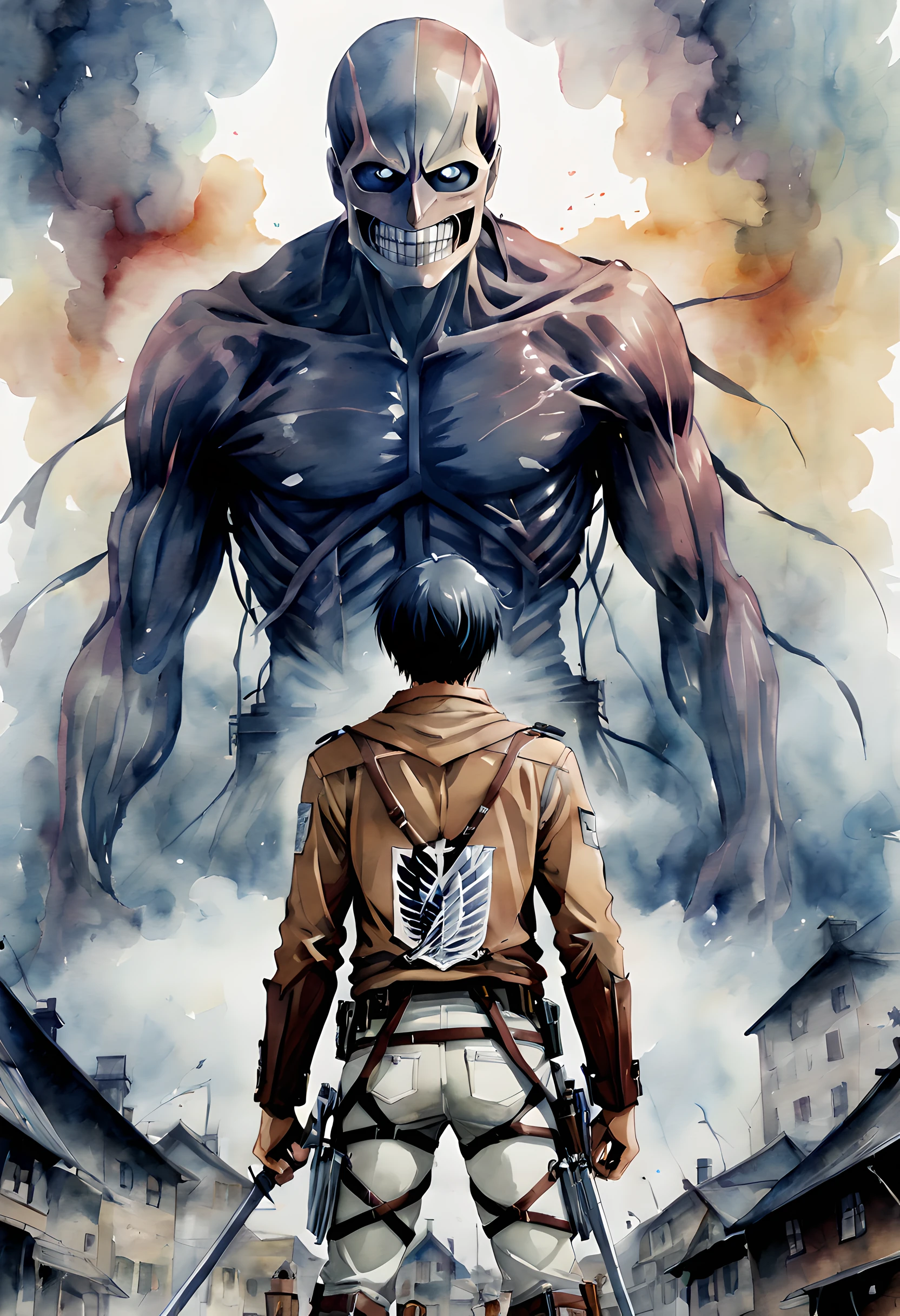 (Attack on Titan:1.5), (ink and watercolor painting:1.5), (Tasteful:1.5), (ink and watercolor painting:1.5), (full color:1.5), 8k, 4k, (magic:1.5), (dripping paint;1.5), dynamic,