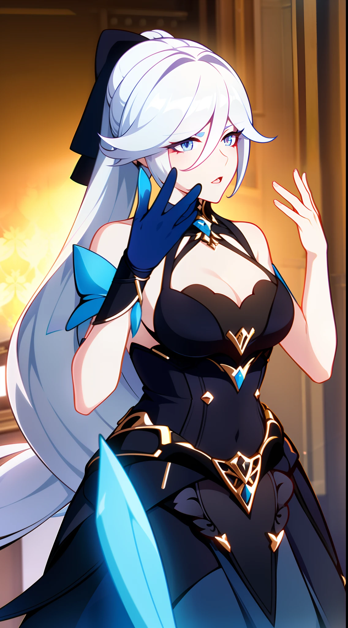 Tall girl, Long white hair, cat ears, blue eyes, leather armour, Sleeveless, open belly, pants, smirk, a sword, brawn, Masterpiece, hiquality