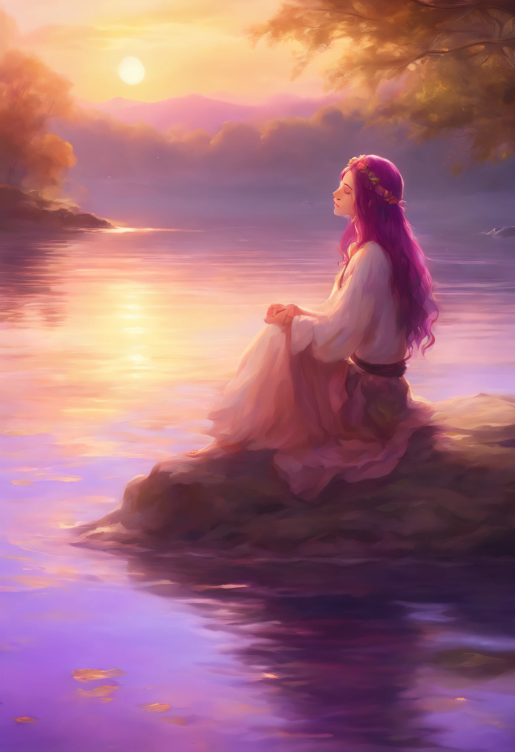 (purple-haired girl:1.1,girl:1.2)standing at knee height in the lake to watch the sunrise, (illustration) medium, (best quality,photorealistic:1.37), (vivid colors,soft pastel tones), long flowing hair, delicate face features, enjoying the gentle breeze, reflection of the colorful sky on the calm surface of the water, distant mountains bathed in warm sunlight, (dreamlike atmosphere,magical setting), soft golden light illuminating the surroundings, bare feet touching the cool water, tranquil and serene ambiance.