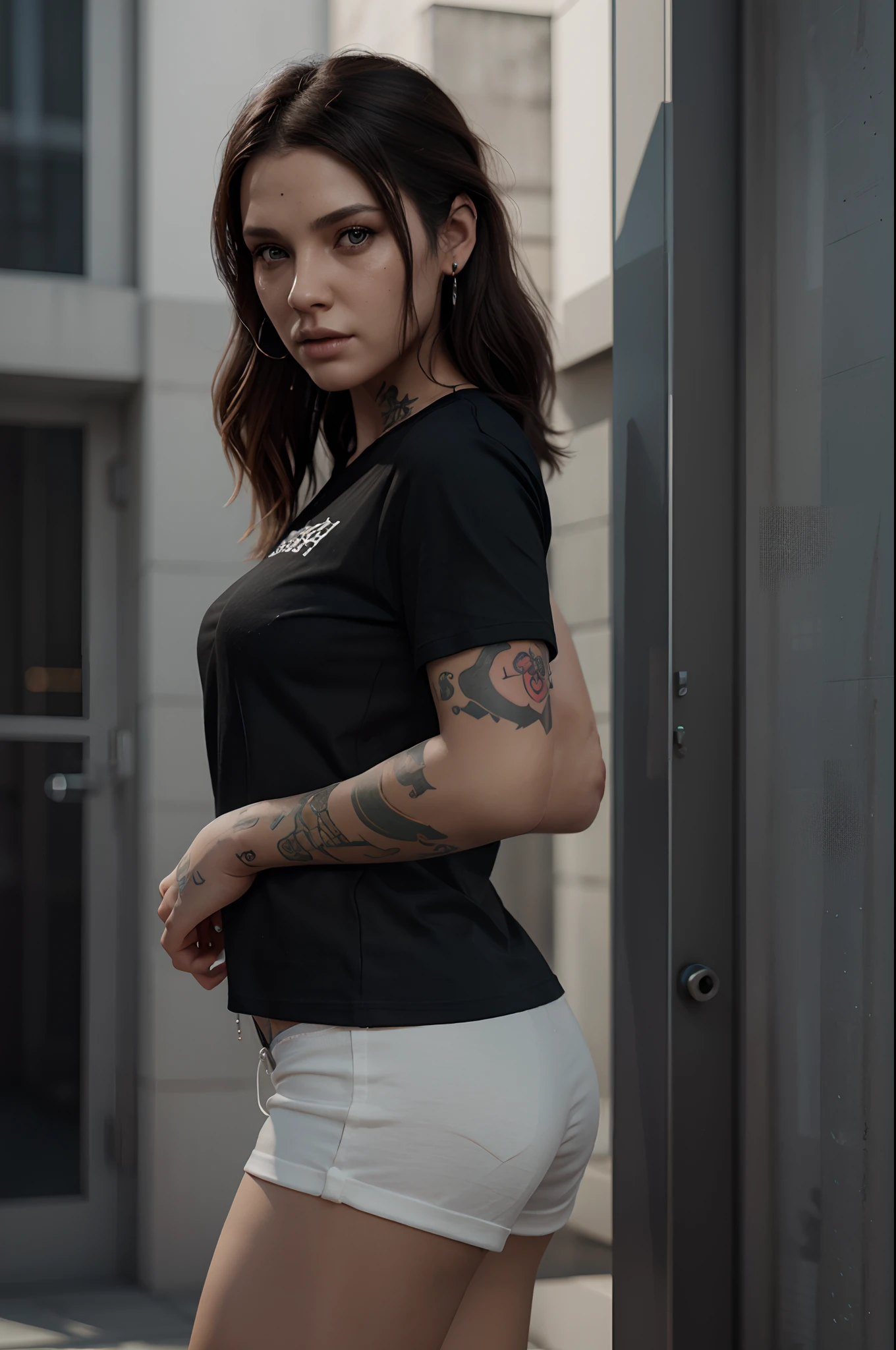 a woman with tattoos and piercings wearing a black shirt, a 3D render by Sam Spratt, cgsociety, photorealism, daz3d, zbrush, rendered in maya