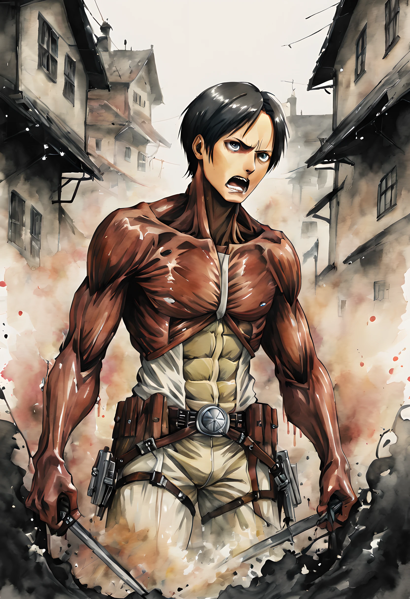 (Attack on Titan:1.5), (ink and watercolor painting:1.5), (Tasteful:1.5), (ink and watercolor painting:1.5), (full color:1.5), 8k, 4k, (magic:1.5), (dripping paint;1.5), dynamic,