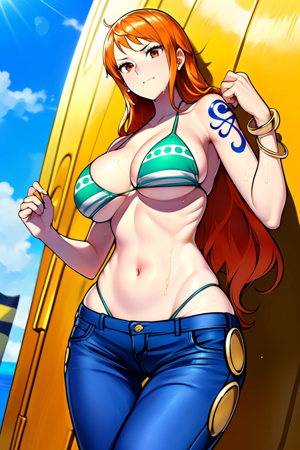 ((masutepiece)) ((Best Quality)) ((ultra-detailliert))  ((1womanl)) ((bikini of)) ((bikini top only)) ((Orange long hair)) ((Silky long hair)) ((Tattoo on the right shoulder))  ((long snout)) ((One Piece NAMI)) ((Nami)) ((Wet body)) ((Big Tits))  ((Attractive eyes)) ((Sharp eyes)) ((Slim body)) ((High-resolution shadows)) ((Attractive colors)) ((Blue sky)) ((Log pose in her hand)) ((gold bracelets)) , Tight , Lowrider jeans , Light Shadows