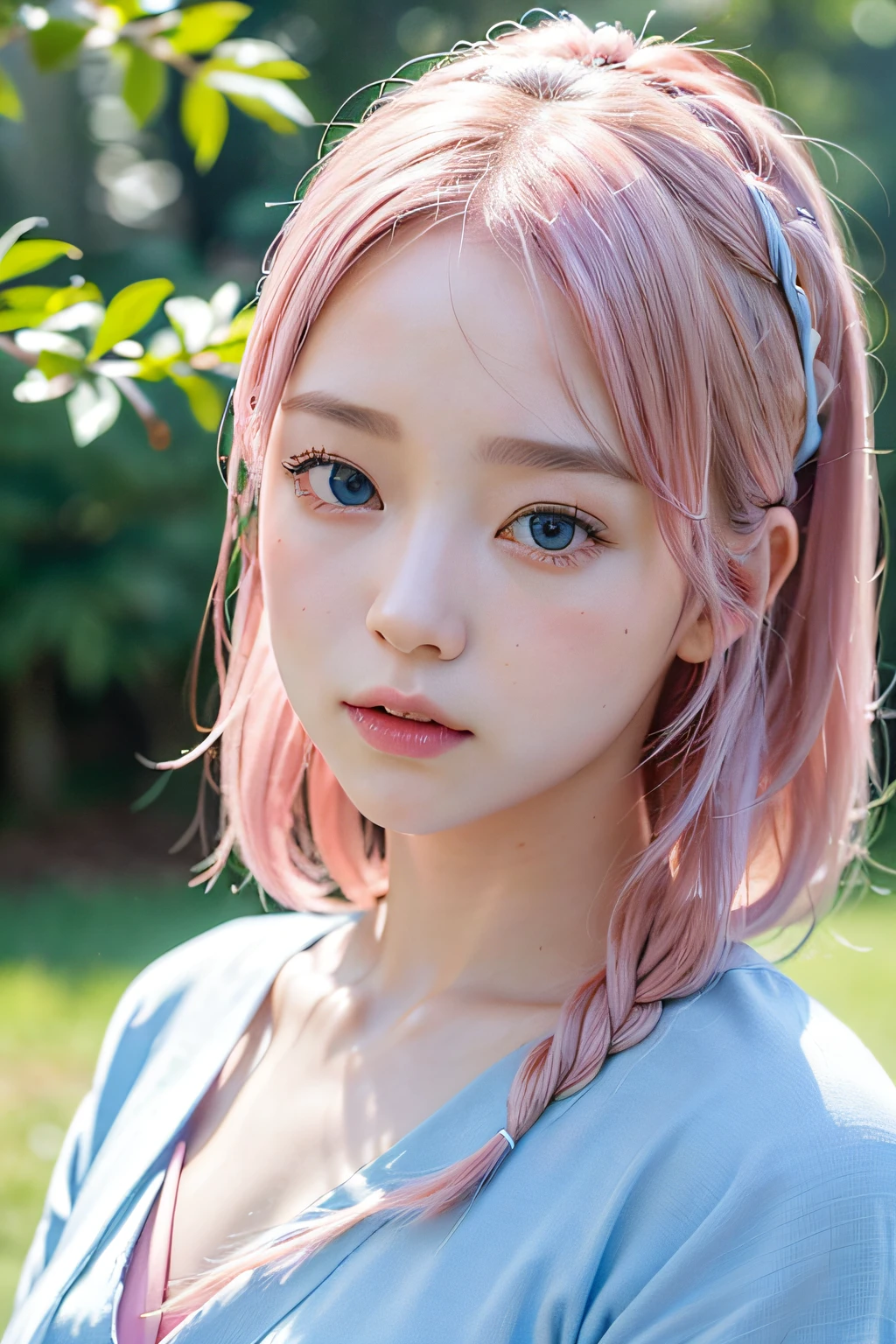 (8k, RAW photo, best quality, masterpiece), (realistic, photo-realistic:1.2), ultra-detailed, 1 girl, cute, solo, beautiful, nose blushing, soft mouth, beautiful detailed Blue eyes, blue eyes, average body, floating pink hair, pink hair, 2 buns, GIRL,FEMININE, ultra-fine details, intricate scene, ambient lighting, soft glow, elegant, symmetrical facial features, accurate anatomy, anatomically correct girl, scenic, gossamer, ethereal, gentle, mild, wise, shy, pink hair, blue eyes, wearing full festival Kimono, standing