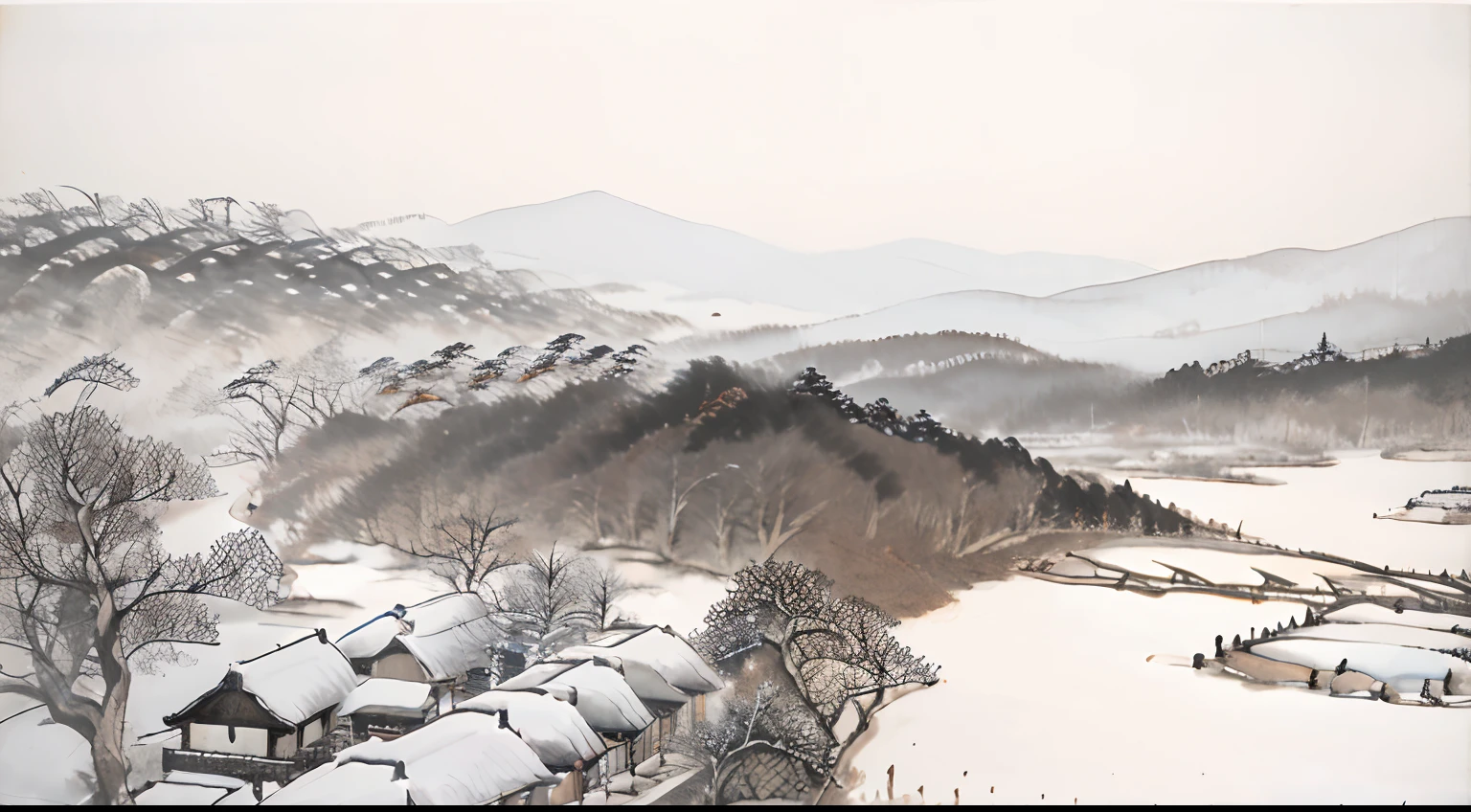 (super wide shot),Mainly villages,In the center of the picture,There are many houses,Densely wooded,Winter view,Covered with snow,It's snowing,Ethnic style ink style,Chinese landscape painting,low-saturation