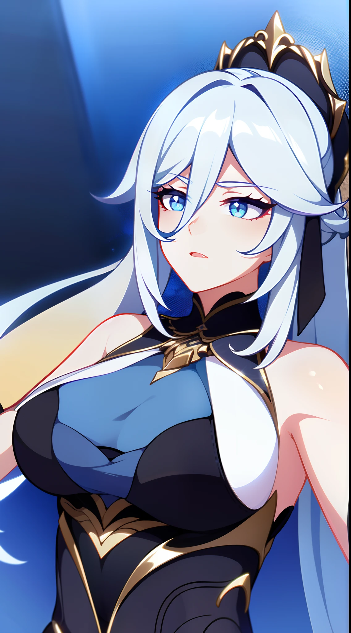 Grown-up girl, Long white hair, high ponytail, blue eyes, blue eye shadow, blue lipstick, black tight dress, Rich dress, Sleeveless, open breasts, Gold Elements, singing, Opera, Masterpiece, hiquality, 4k, HD, Good detail