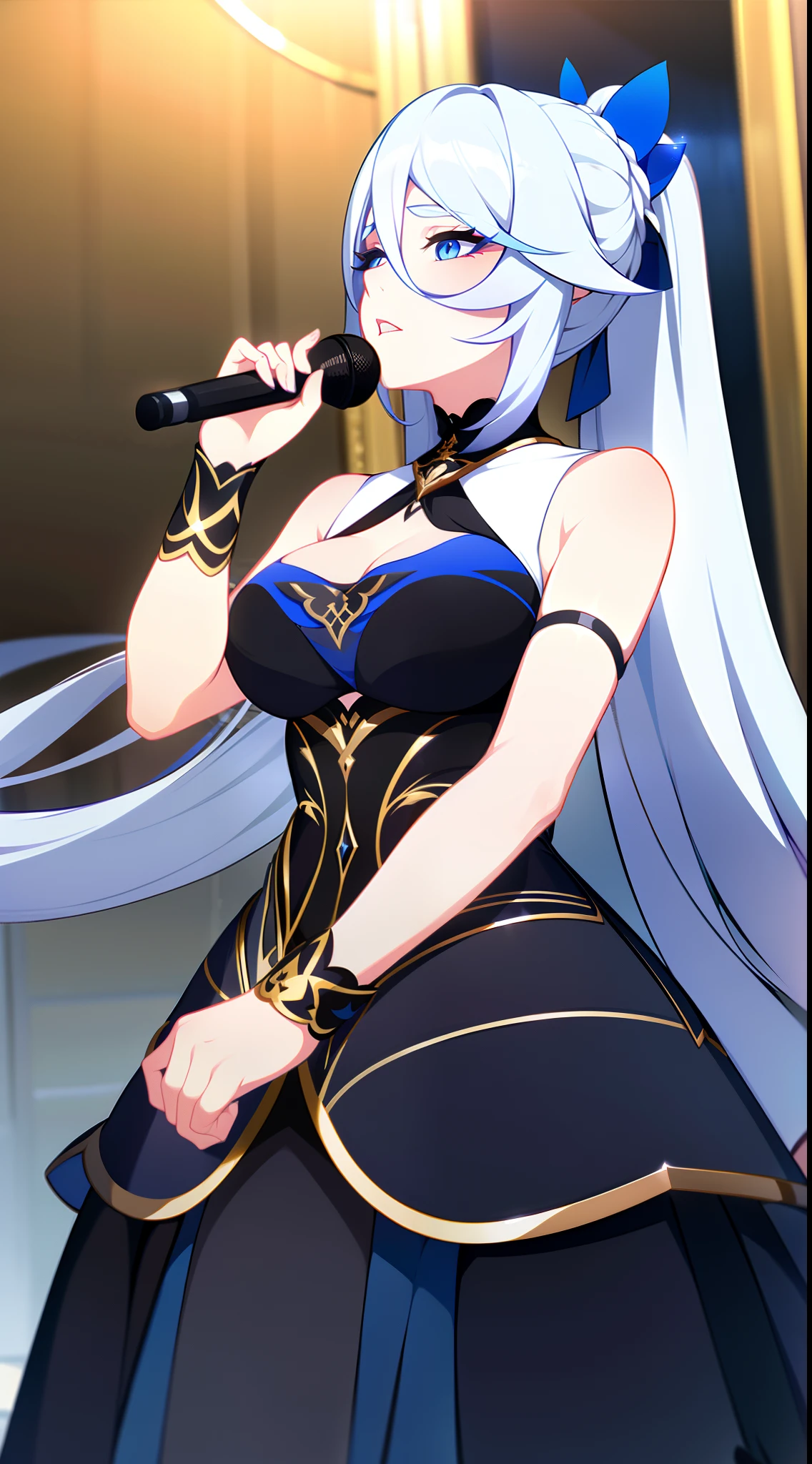 Grown-up girl, Long white hair, high ponytail, blue eyes, blue eye shadow, blue lipstick, black tight dress, Rich dress, Sleeveless, open breasts, Gold Elements, singing, Opera, Masterpiece, hiquality, 4k, HD, Good detail