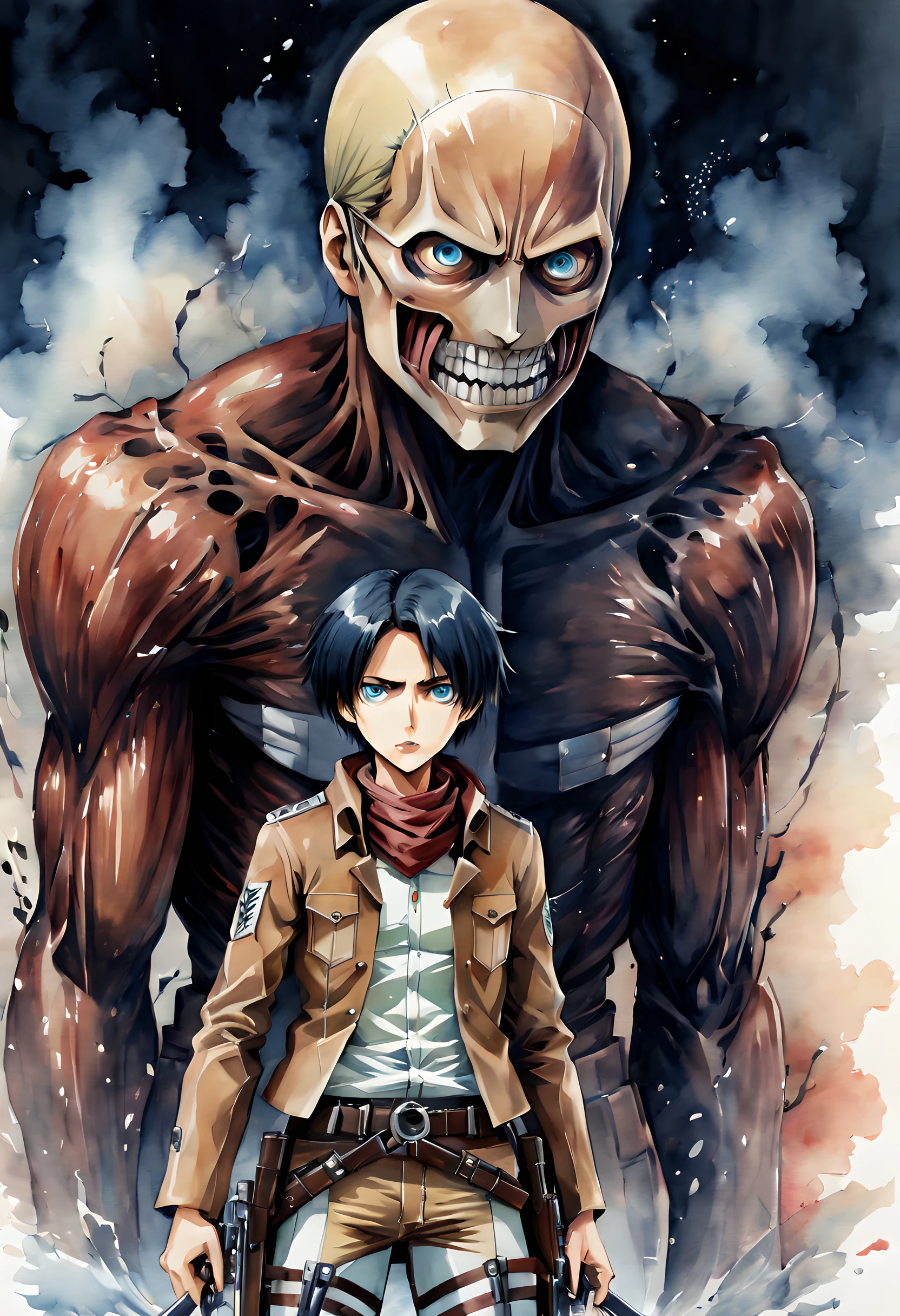 (Attack on Titan:1.5), (ink and watercolor painting:1.5), (Tasteful:1.5), (ink and watercolor painting:1.5), (full color:1.5), 8k, 4k, (magic:1.5), (dripping paint;1.5), dynamic,