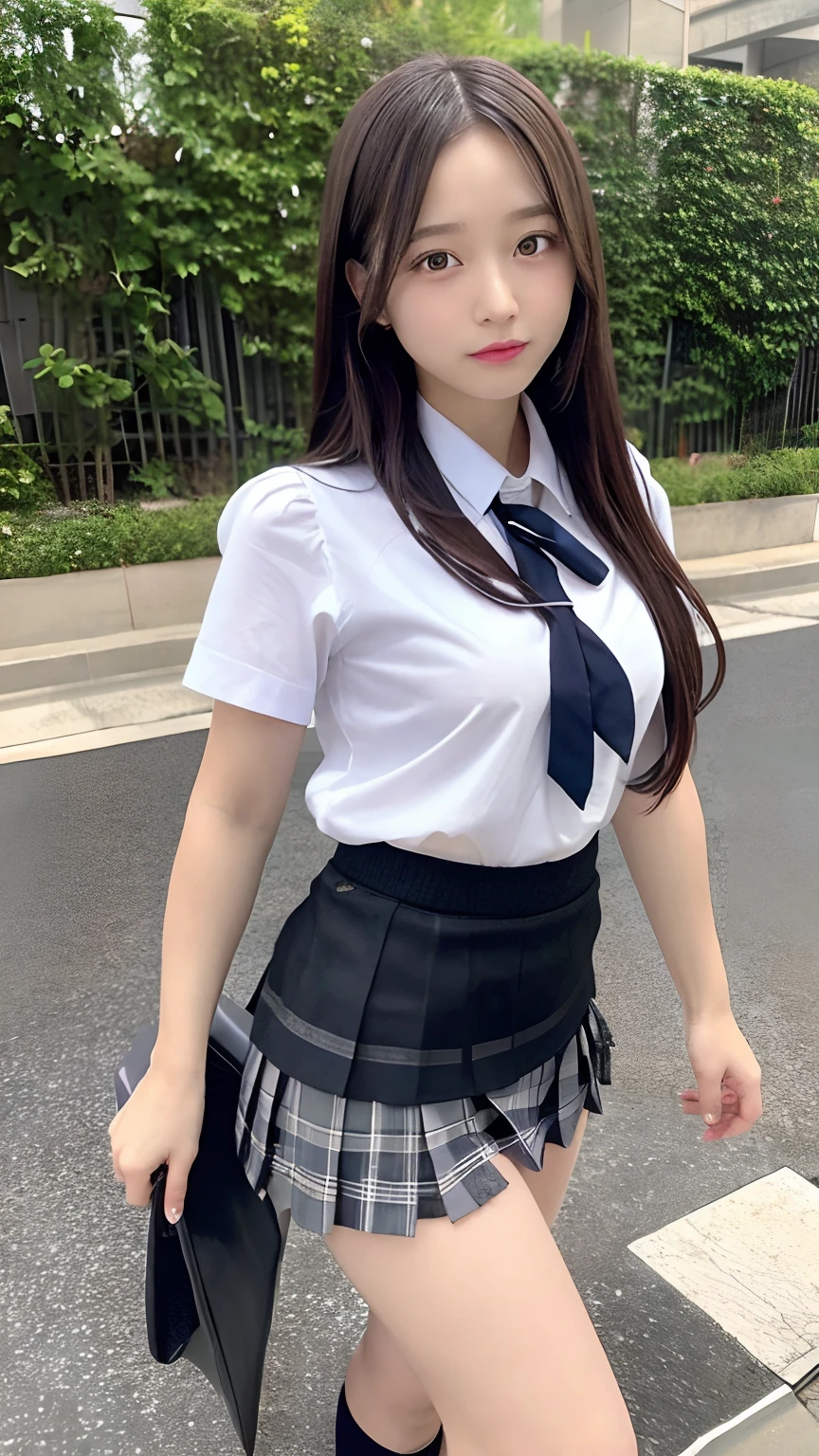 Best Quality,1girl in, Skirt, 1girl, Underwear, School uniform, pantiy, pleatedskirt, Black hair, buttock, Lifting clothes, Eyes are brown, Blue skirt, Pure gaze, white shirt, The shirt, Long hair, Short sleeves, school uniform,  (miniskirt:1.5), lifted by self, Open mouth, Shadow, plaid skirts, blush