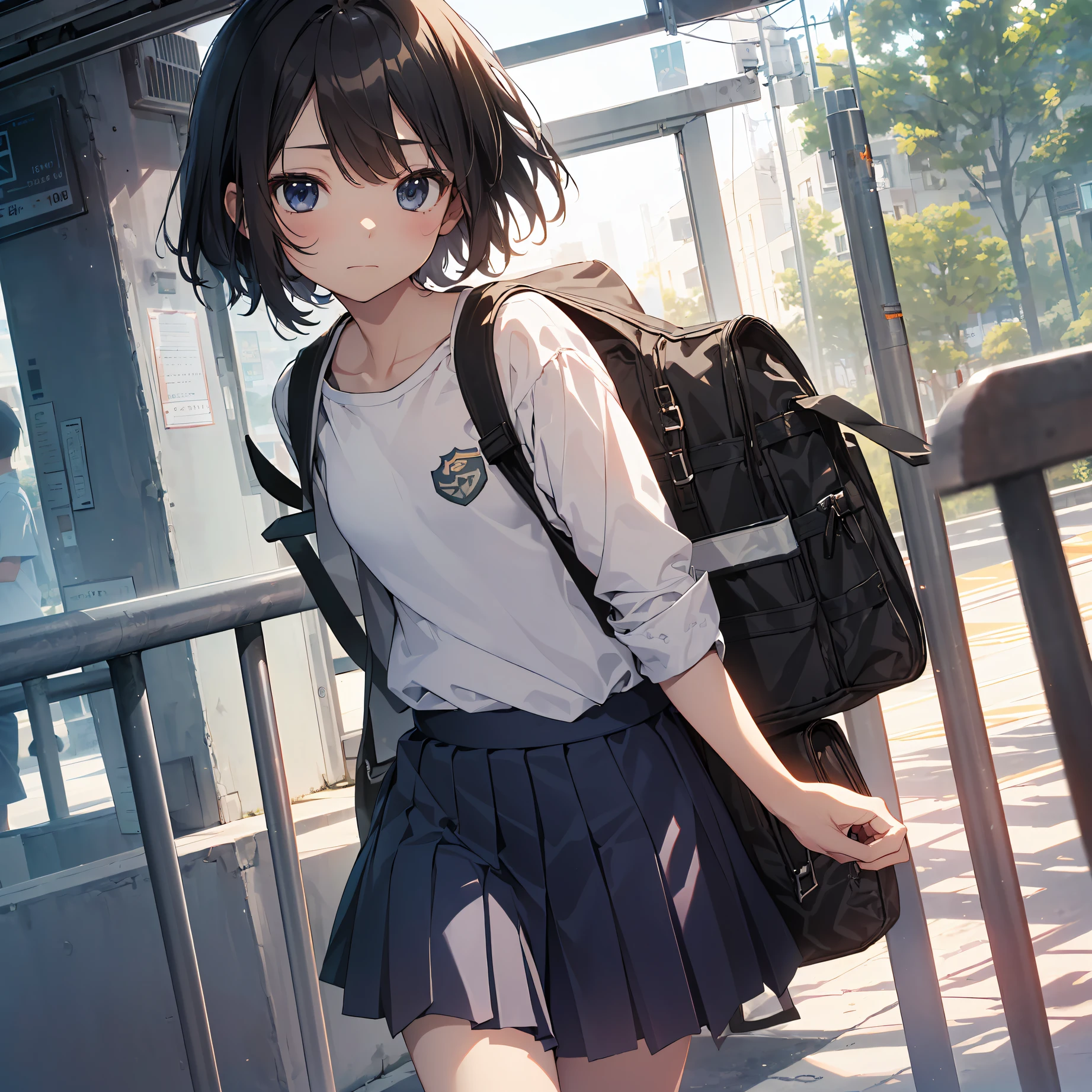 ((top quality, anime, ultra-detailed,high resolution,extremely detailed CG,unity 8k wallpaper, by famous artist, perfect anatomy, super detailed skin, cinematic lighting, UHD, retina, anatomically correct, 1080P)),break,Portrait, Documentary, Photo, A -yeld ger-neutral middle scrt black hair and flat chest, walking on the school commute route with a tired expression, Short hair, School uniform, Skirt, School commute route, High quality, Realistic, Eye-level shot, Medium shot, Front view, Natural lighting, School commute,break, 1girl, (Solo,Loli face,13-year-old:1.5),a junior highchotudenandrogynous charm, (Ver flat chest, Small butt, Beautiful detailed black eyes, disgusted eye,