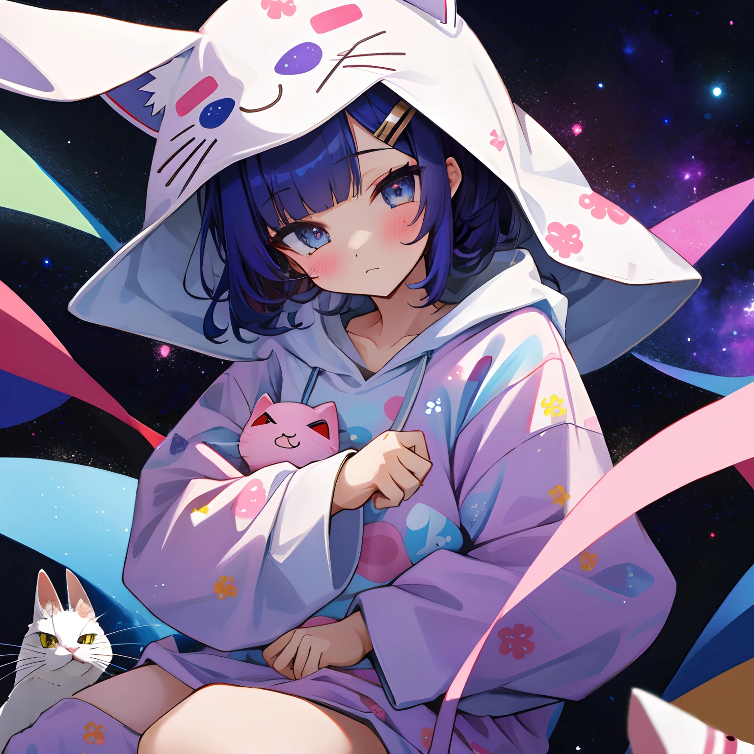 A girl in cute cat ears bunny hooded cute pyjamas,galaxy print eye