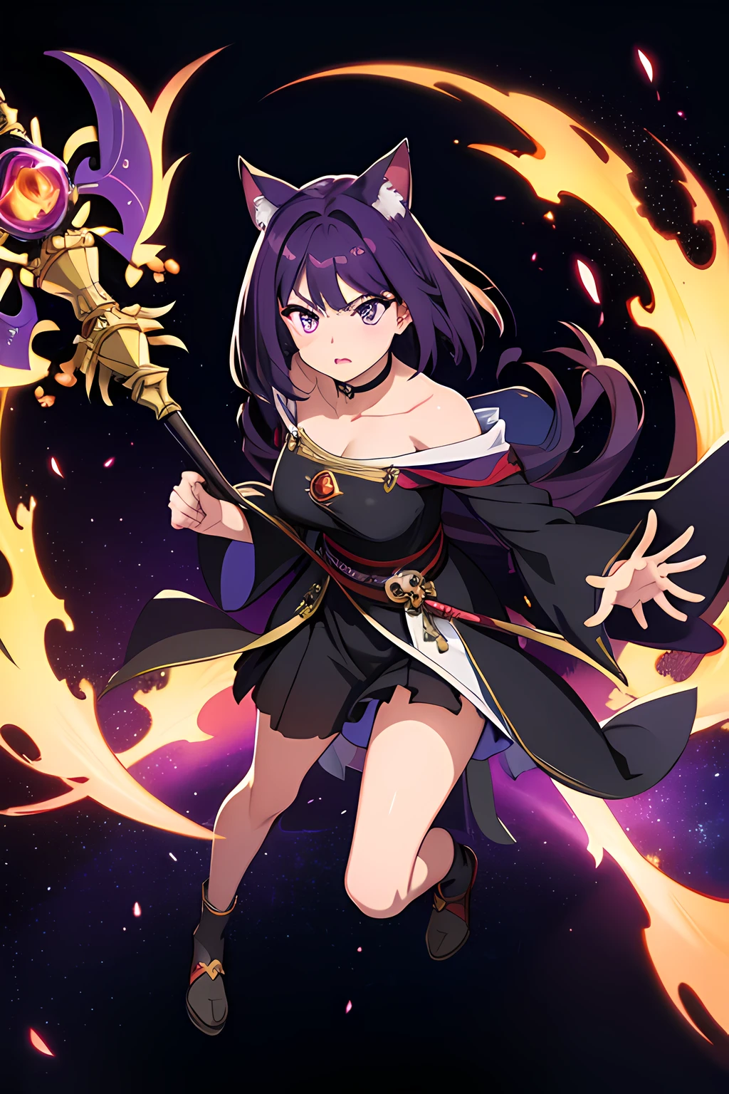 (1 nekomimi girl, without human ears),(beautiful eyes finely detailed, heterochromia, Face to detail, dark purple hair), full body, wearing long dress witch outfit, angry facial expression, holding a mystic staff, she hold mystic staff with flames coming out from her mystic staff and casting powerful magic spell, The background is a magical circle in mahoutsukai no yome style, ​many magical particle in front of her, full body, masterpiece, top-quality, detailed, High resolution illustration