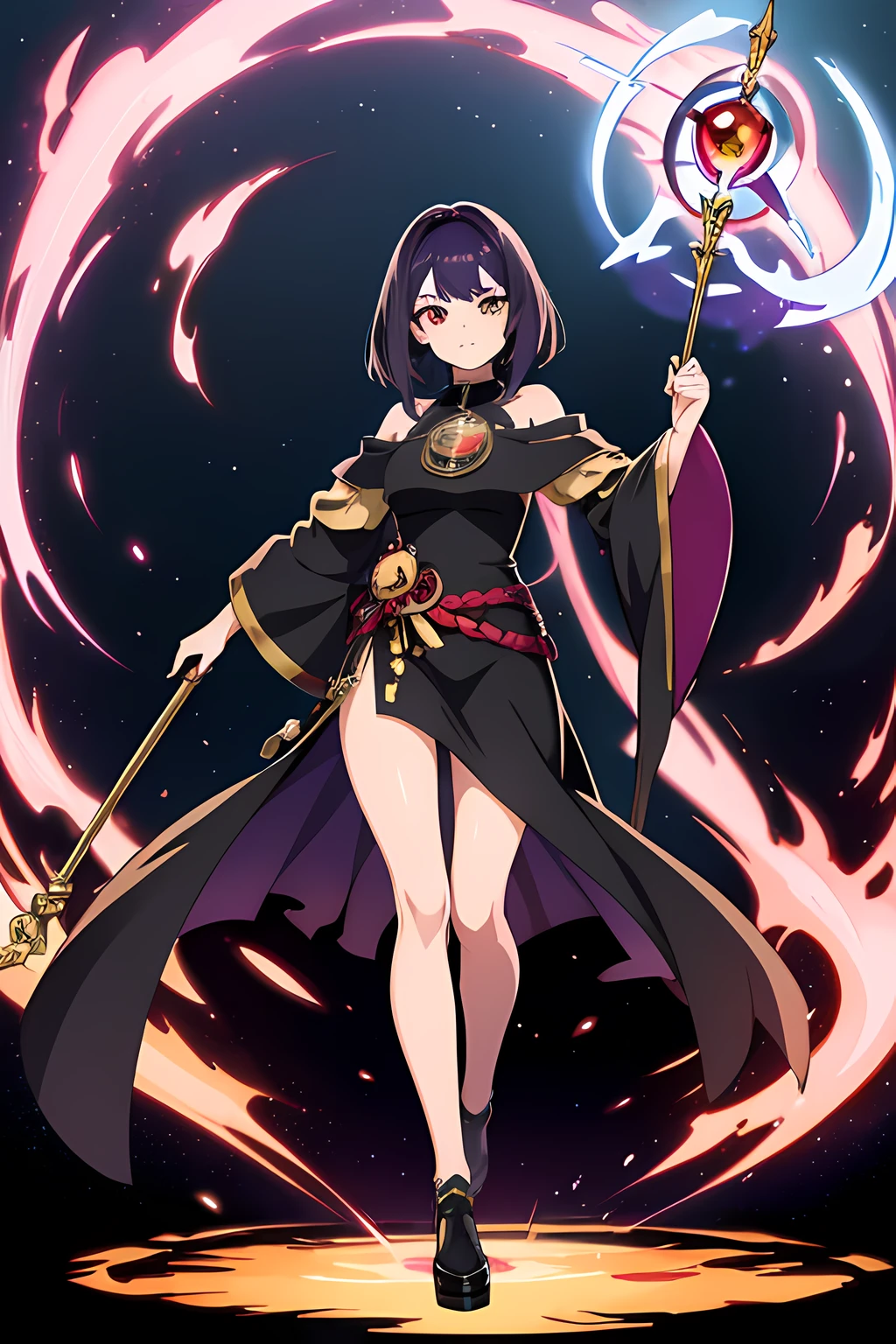 (1 nekomimi girl, without human ears),(beautiful eyes finely detailed, heterochromia, Face to detail, dark purple hair), full body, wearing long dress witch outfit, angry facial expression, holding a mystic staff, she hold mystic staff with flames coming out from her mystic staff and casting powerful magic spell, The background is a magical circle in mahoutsukai no yome style, ​many magical particle in front of her, full body, masterpiece, top-quality, detailed, High resolution illustration