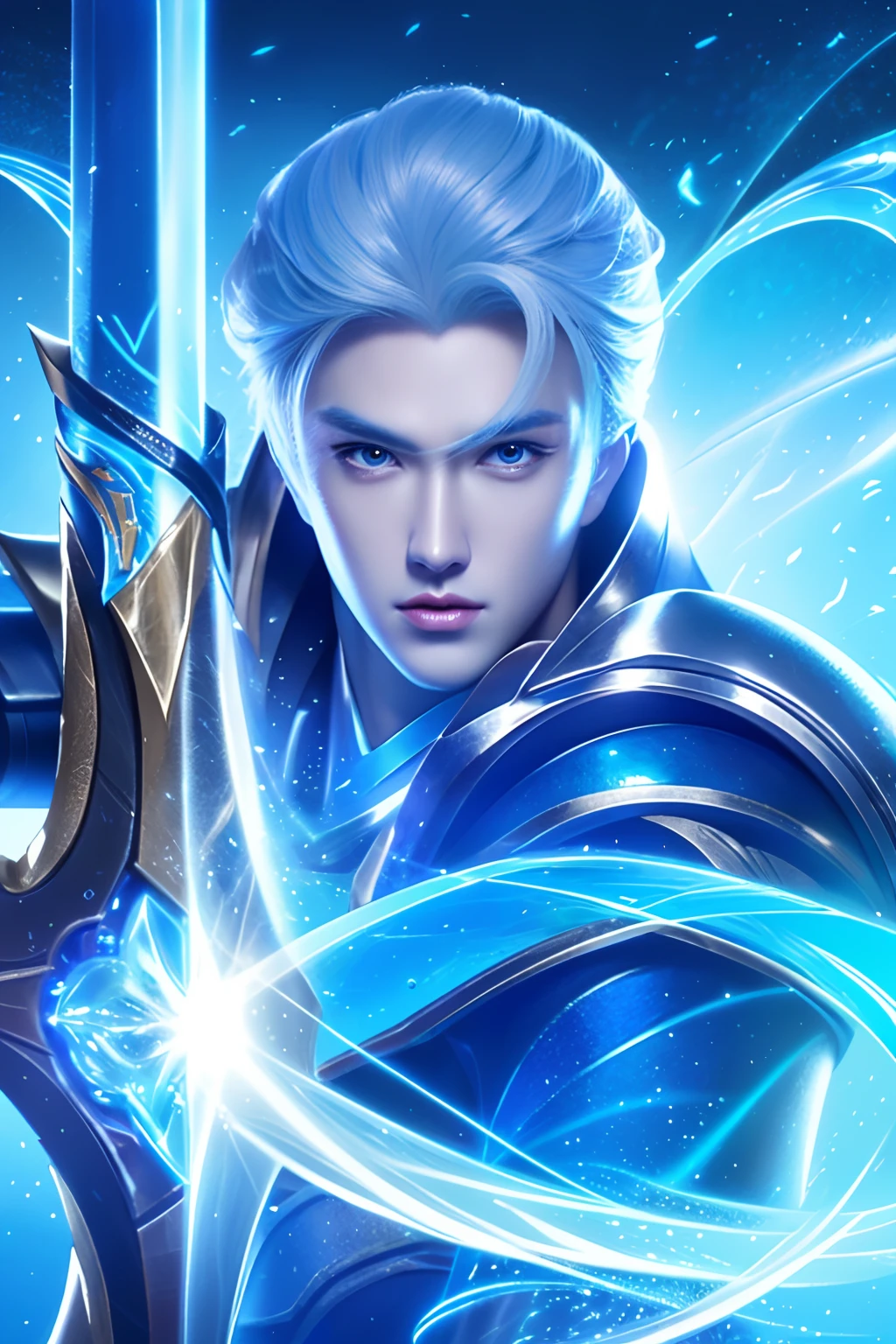 Close-up of a man holding a sword and a blue light, heise jinyao, Official Splash Art, Splash Art, wallpaper splash art promo art, Inspired by Huang Shen, character splash art, zhao yun, iconic character splash art, Extremely detailed Artgerm, by Yang J, mobile legends, G Liulian art style, Ashe