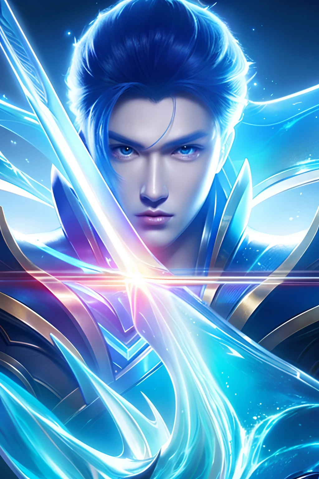 Close-up of a man holding a sword and a blue light, heise jinyao, Official Splash Art, Splash Art, wallpaper splash art promo art, Inspired by Huang Shen, character splash art, zhao yun, iconic character splash art, Extremely detailed Artgerm, by Yang J, mobile legends, G Liulian art style, Ashe