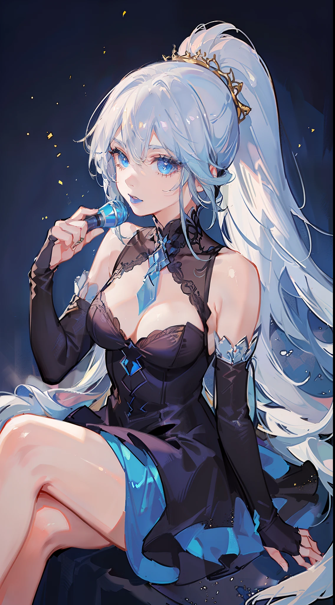 Grown-up girl, Long white hair, high ponytail, blue eyes, blue eye shadow, blue lipstick, black tight dress, Rich dress, Sleeveless, open breasts, Gold Elements, singing, Opera, Masterpiece, hiquality, 4k, HD, Good detail