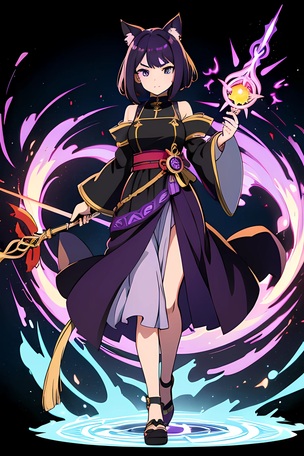 (1 nekomimi girl, without human ears),(beautiful eyes finely detailed, heterochromia (green and purple eyes), Face to detail, dark purple hair), full body, wearing long dress witch outfit, angry facial expression, holding a mystic staff, she hold mystic staff with flames coming out from her mystic staff and casting powerful magic spell, The background is a magical circle in mahoutsukai no yome style, ​many magical particle in front of her, full body, masterpiece, top-quality, detailed, High resolution illustration