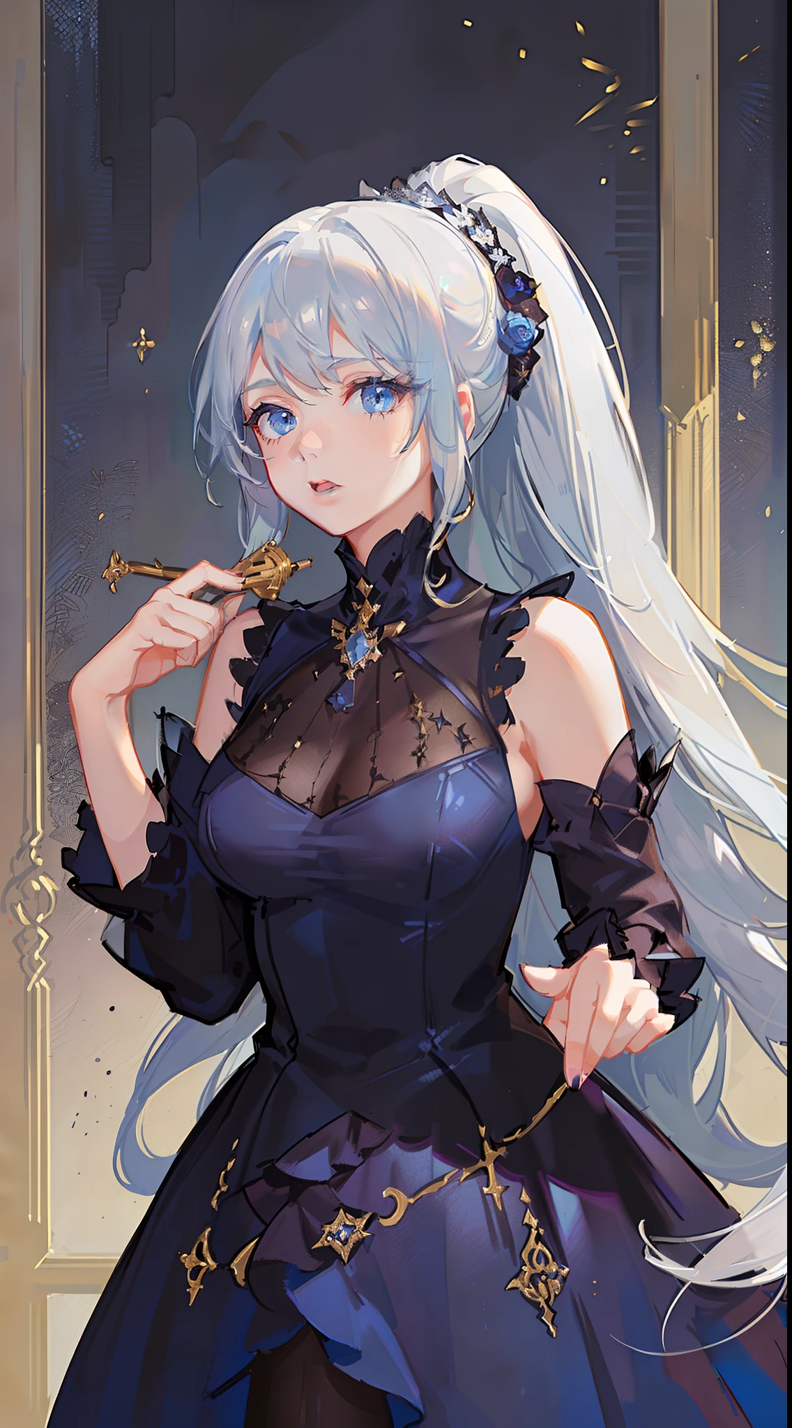 Grown-up girl, Long white hair, high ponytail, blue eyes, blue eye shadow, blue lipstick, black tight dress, Rich dress, Sleeveless, open breasts, Gold Elements, singing, Opera, Masterpiece, hiquality, 4k, HD, Good detail