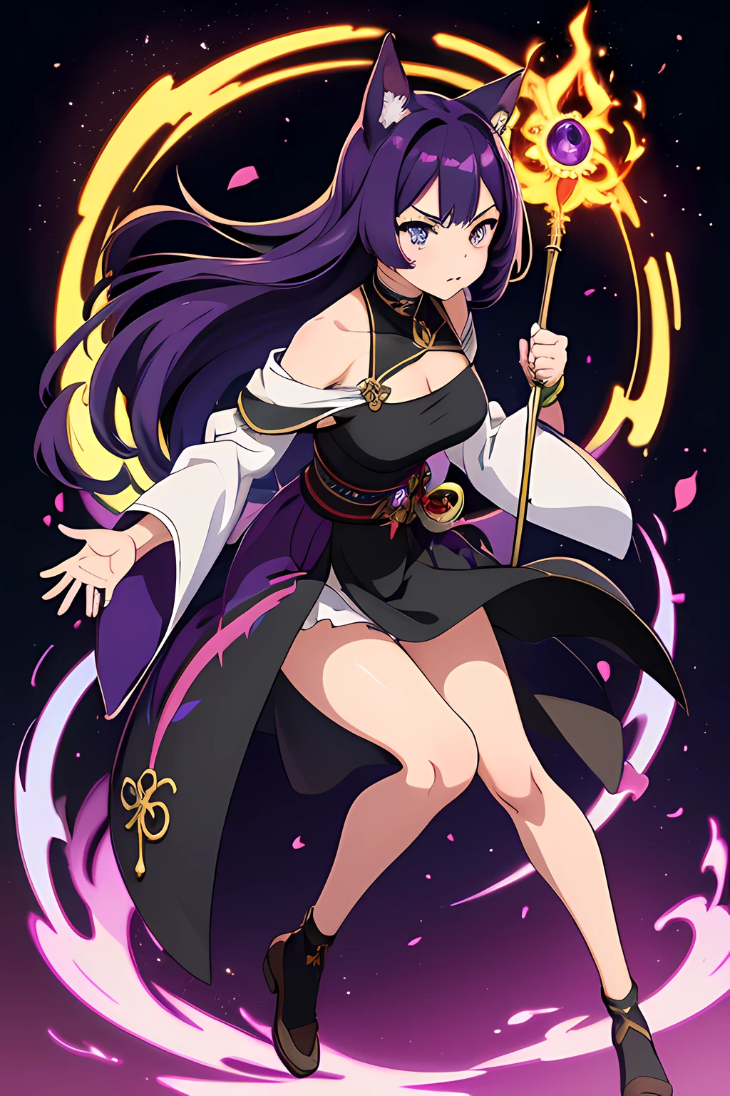(1 nekomimi girl, without human ears),(beautiful eyes finely detailed, heterochromia (green and purple eyes), Face to detail, dark purple hair, long hair), full body, wearing long dress witch outfit, angry facial expression, holding a mystic staff, she hold mystic staff with flames coming out from her mystic staff and casting powerful magic spell, The background is a magical circle in mahoutsukai no yome style, ​many magical particle in front of her, full body, masterpiece, top-quality, detailed, High resolution illustration