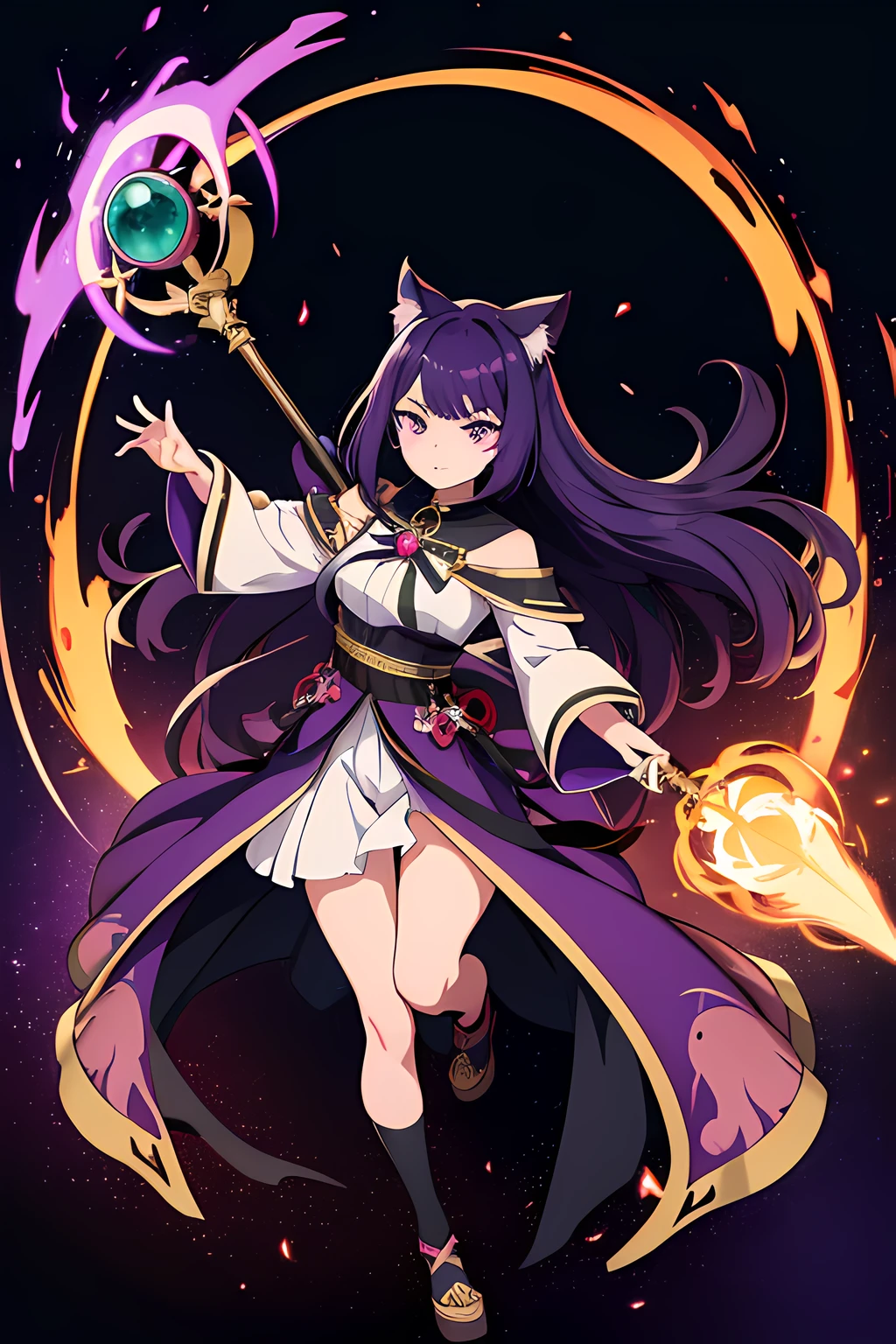 (1 nekomimi girl, without human ears),(beautiful eyes finely detailed, heterochromia (green and purple eyes), Face to detail, dark purple hair, long hair), full body, wearing long dress witch outfit, angry facial expression, holding a mystic staff, she hold mystic staff with flames coming out from her mystic staff and casting powerful magic spell, The background is a magical circle in mahoutsukai no yome style, ​many magical particle in front of her, full body, masterpiece, top-quality, detailed, High resolution illustration