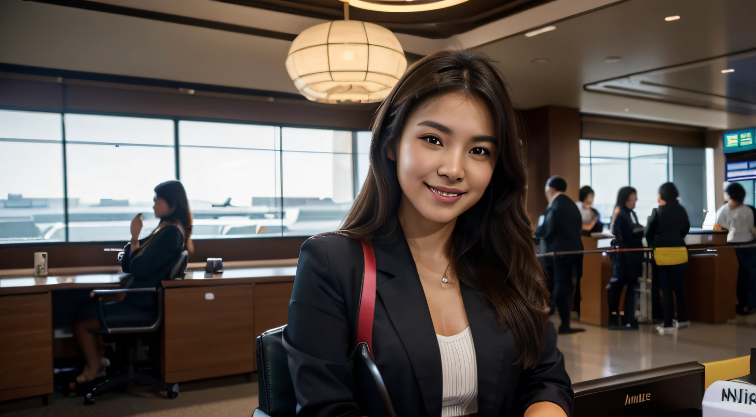 (Best quality, 8k, masterpiece: 1.3), a beautiful Asian woman with dark brown hair, smiling, inside an airport office, bright nightlights, Nikon D850 DSLR 4k camera, 100mm lens, F 1.2 aperture setting, bright and natural lighting, vibrant, relaxing atmosphere, panoramic view