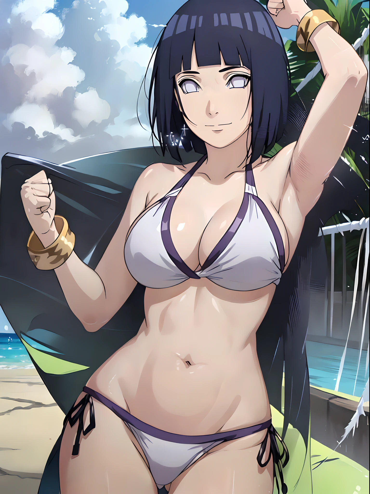 wind effect, stretching, cloud background, anime style, cute , beautiful mother, hand up, nice body, soft body, long belly, (hinata\(boruto\), (female wrestler), (slender body), mature woman , broad shoulders, off-shoulders, (shiny bikini, white bikini only,  pro wrestling outfit, armband, bangles), smile, closed mouth, pale skin, cute, smile, (dark blue hair color:1.1), wavy hair, floating hair, ((short hair, hime cut, loose hair), big breasts, (only one arm stretching), long belly, (closed fists), , (perfect eyes, white sciera, bright eyes, white eyes, anime eyes)