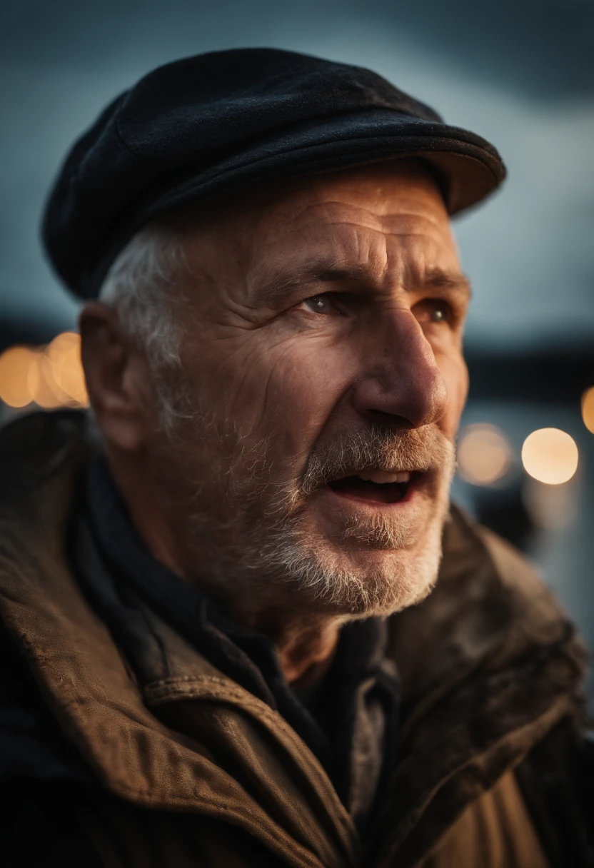 Award-winning portrait photo of a man, of an old screaming sailor in a captain's cap, Augen in die Kamera gerichtet, (bokeh:0.7), seitlich beleuchtet, (faltiges Gesicht im Detail:0.7), Telebild, mondhell, Fackelschein, somber atmosphere, oceanic night outside, realistisch, Komplizierte Details, Echt gealterte Hautstruktur