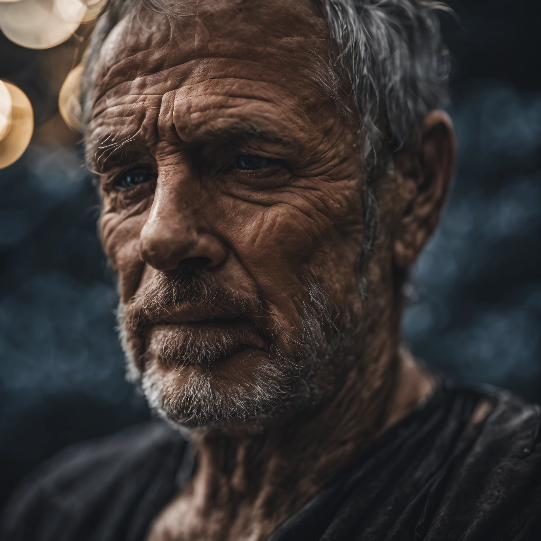 Award-winning torso portrait photo of a man, eines alten schreienden Seemanns, Schal tragen, Augen nach oben gerichtet, (bokeh:0.7), seitlich beleuchtet, (faltiges Gesicht im Detail:0.7), Telebild, mondhell, Fackelschein, somber atmosphere, oceanic night outside, realistisch, Komplizierte Details, Echt gealterte Hautstruktur