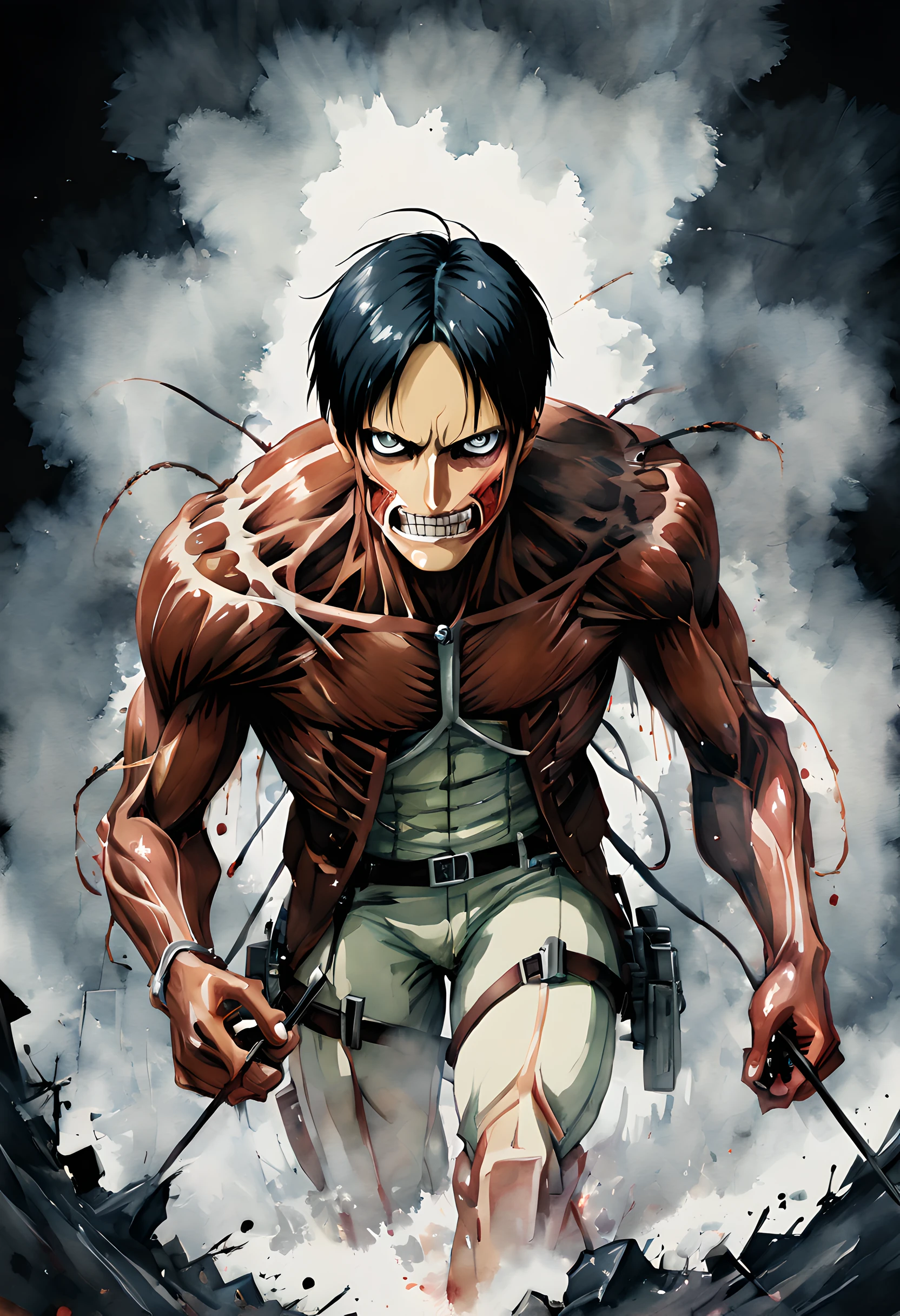 (Attack on Titan:1.5), (ink and watercolor painting:1.5), (Tasteful:1.5), (ink and watercolor painting:1.5), (full color:1.5), 8k, 4k, (magic:1.5), (dripping paint;1.5), dynamic,