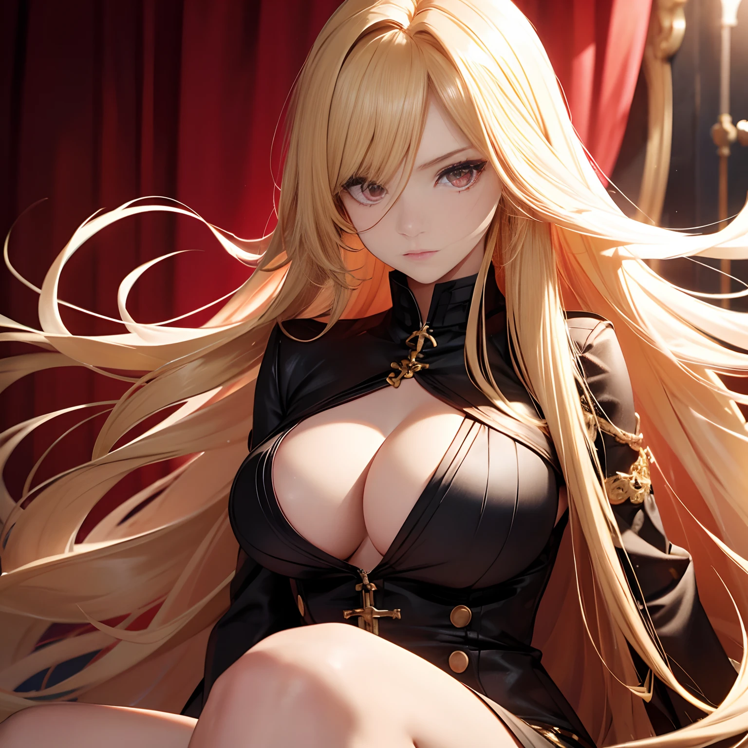 cool woman with golden hair and long hair,red eyes,big eyes,large chest,loose