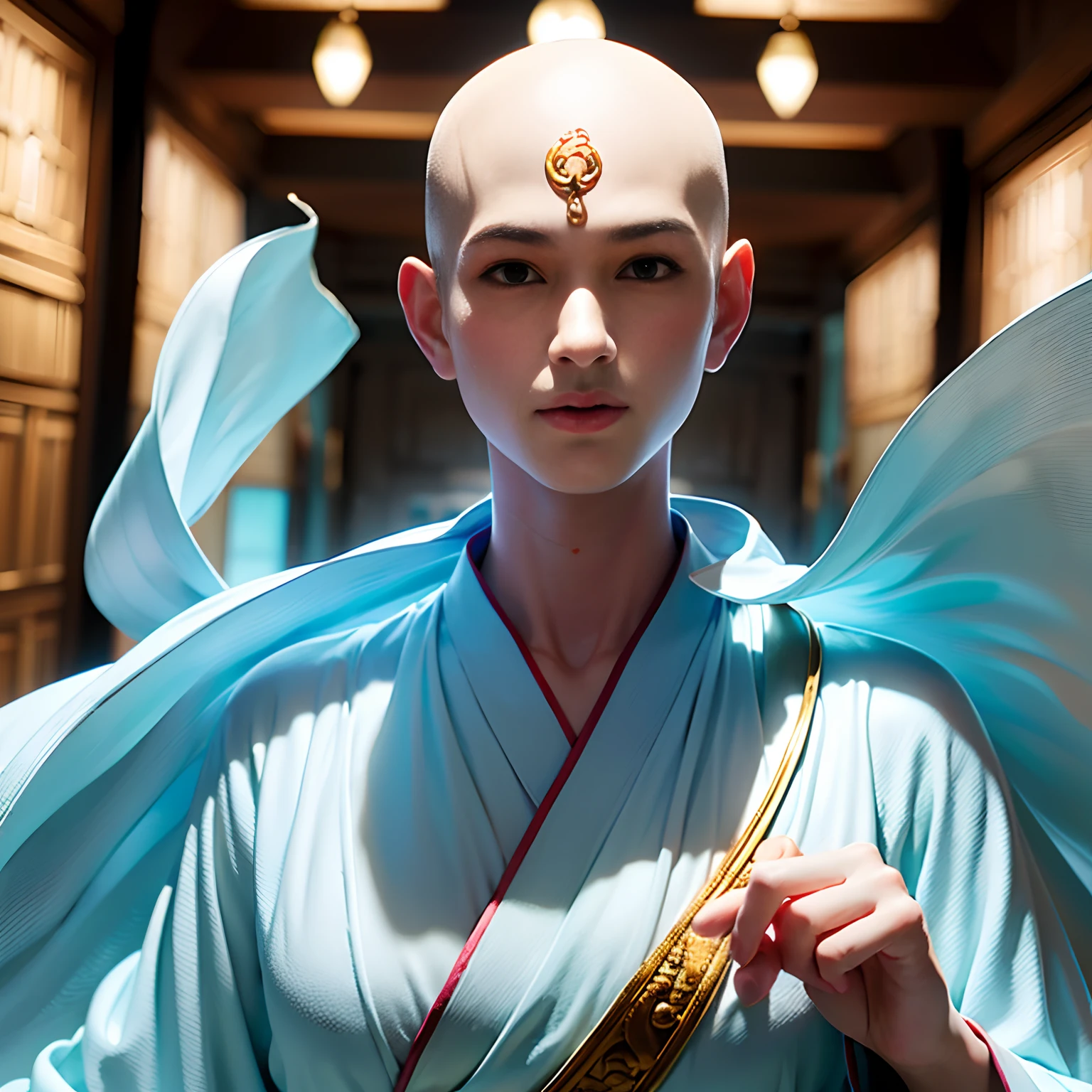 ((巨作)), HD clarity, Avatar, ((((Figure: 1人, White Sleeve, bald head, Robe)))),(((1 juvenile,bald head,buddhist monk,Whole human body,tear moles:))),Cool sensation,Natural,Serenity,naive。optimal quality,masterpaintings:1.4),ultra-high-resolution,pphotorealistic,Front lighting,Complicated details,Exquisitedetailsandtextures,独奏,(Young age),Facial highlights,Detal Face,tear moles,looking at the spectator,with big eyes,(Openwork pattern,white colors,Silk),耳Nipple Ring,slimfigure,Deluxe room,professionallighting,photon maping,radiosity,physically -based rendering,