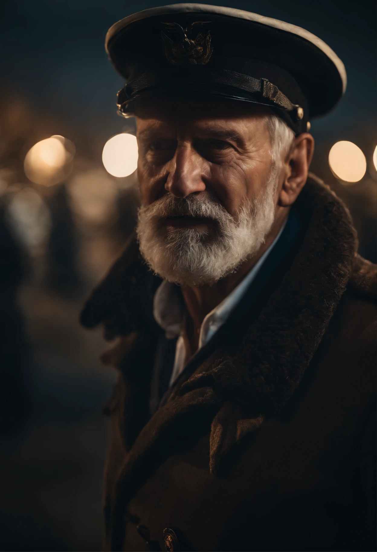 Award-winning portrait photo of a man, of an old screaming sailor in a captain's cap, Augen in die Kamera gerichtet, (bokeh:0.7), seitlich beleuchtet, (faltiges Gesicht im Detail:0.7), Telebild, mondhell, Fackelschein, somber atmosphere, oceanic night outside, realistisch, Komplizierte Details, Echt gealterte Hautstruktur