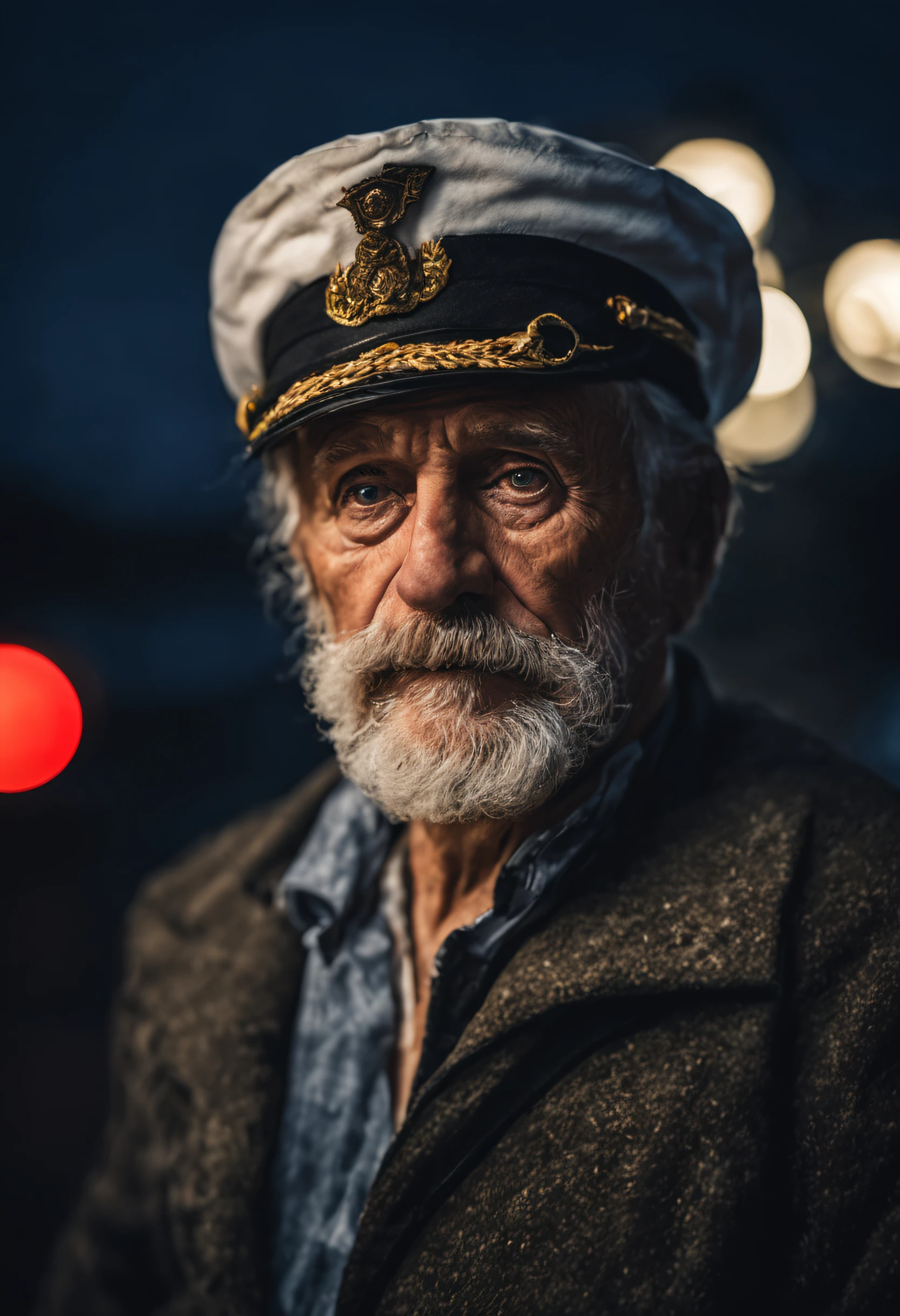 Award-winning portrait photo of a man, of an old story-telling sailor wearing a captain's cap, Augen in die Kamera gerichtet, (bokeh:0.7), seitlich beleuchtet, (faltiges Gesicht im Detail:0.7), Telebild, mondhell, Fackelschein, somber atmosphere, oceanic night outside, realistisch, Komplizierte Details, Echt gealterte Hautstruktur