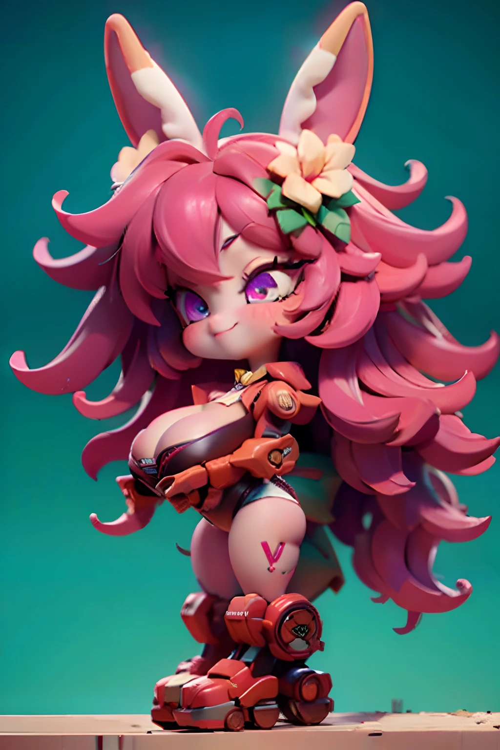 masterpiece、top-quality、hight resolution、tchibi、1beautiful girl、full body Esbian、From Side、mechs、Mecha Santa Claus Girl、Red body color、Body in Christmas colors、Santa hat with rabbit ears、Christmas wreath hair ornament、big eye、kawaii eyes、a purple eye、Bangs Patsun、Pink short bob hair、smooth hair、A smile、teak、lip、tongue、Stick out the tongue、I have my mouth wide open、Colossal tits、cleavage of the breast、Daytime、Jump from the top of a skyscraper、