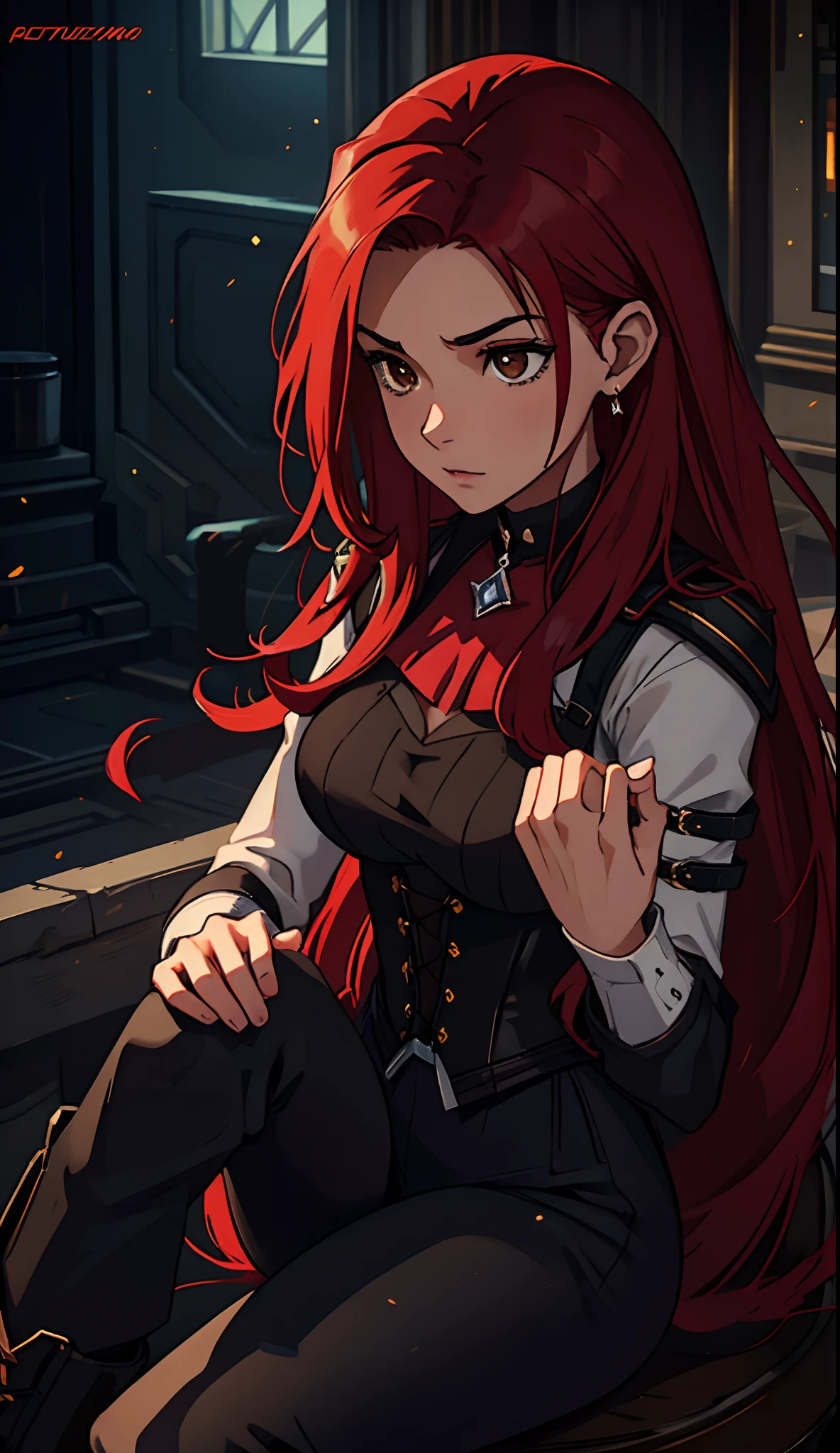 Erza Scarlet is one of the main characters in the series. The young woman with scarlet hair and brown eyes is described as an amazing woman, very strict and who does not admit when others make mistakes. She's a slender, Figura elegante com curvas bem desenhadas. Her most common attire consists of a corset with custom-made laces, a pair of black pants, botas pretas e brincos em forma de diamante, in high resolution, circunstanciado, qualidade hd.